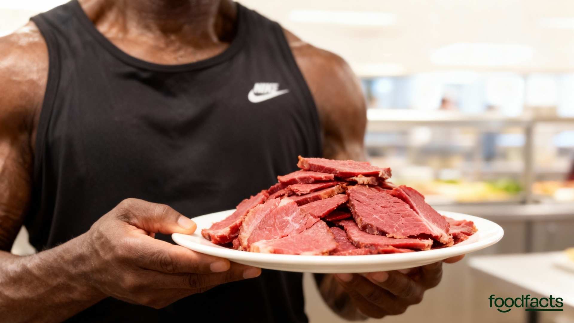 Illustration of a muscular man in a black tank top confidently holding a large plate of red meat while holding up his hand to reject scientific studies, heart health data, and a clipboard—symbolizing a dismissal of mainstream nutritional science. This image relates to Eddie Abbew’s controversial claim that eating only red meat for a month reduces inflammation and poses no health risks, despite scientific consensus to the contrary. Featured in FoodFacts.org’s analysis of misinformation around red meat and chronic disease risk.