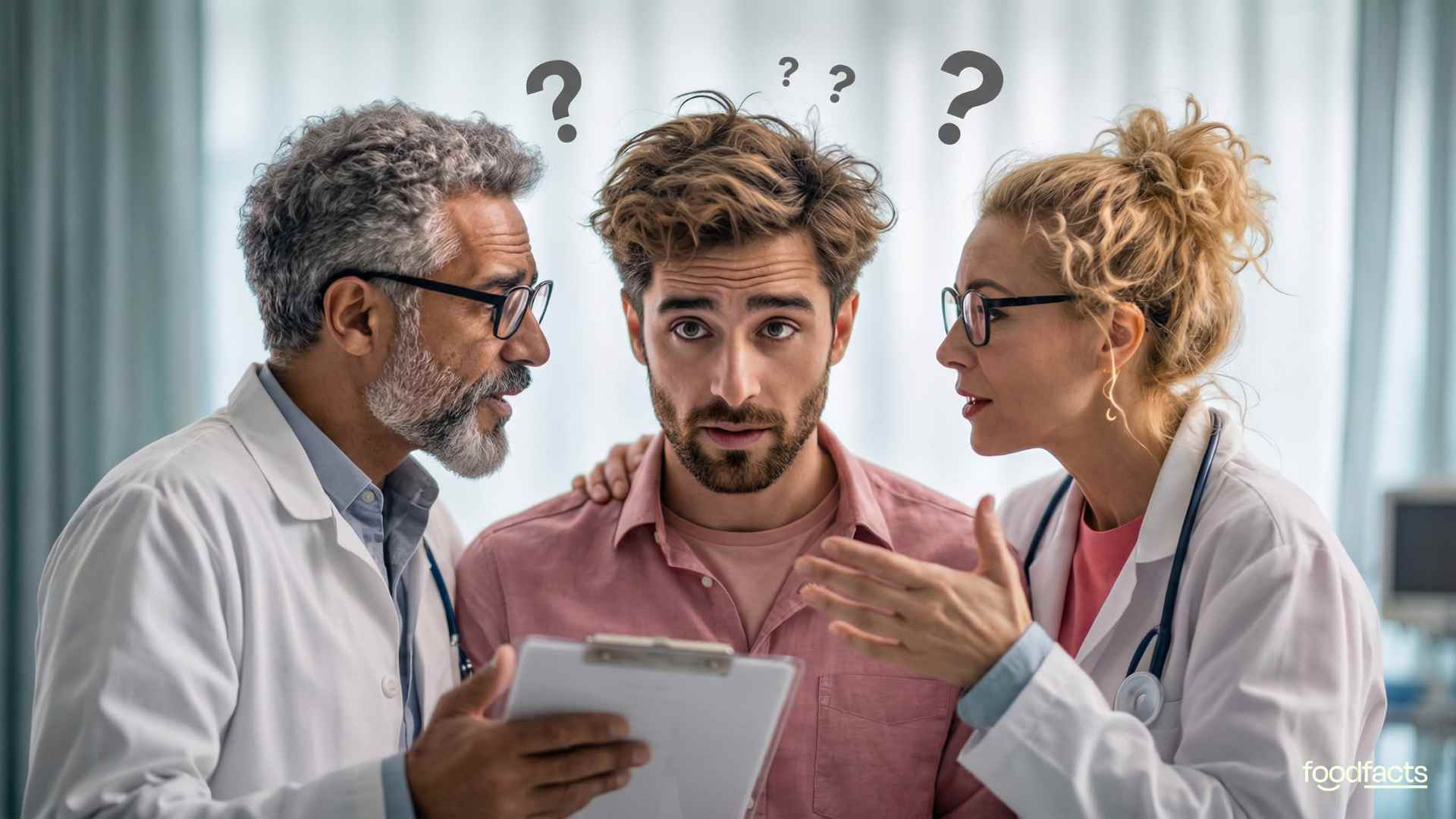 A confused-looking man stands between two animated health professionals, each holding documents and passionately explaining. Question marks hover above their heads, symbolizing conflicting advice. This image reflects the theme of the article, which questions who is truly qualified to give nutrition advice and highlights the confusion caused by misinformation and differing expert opinions.