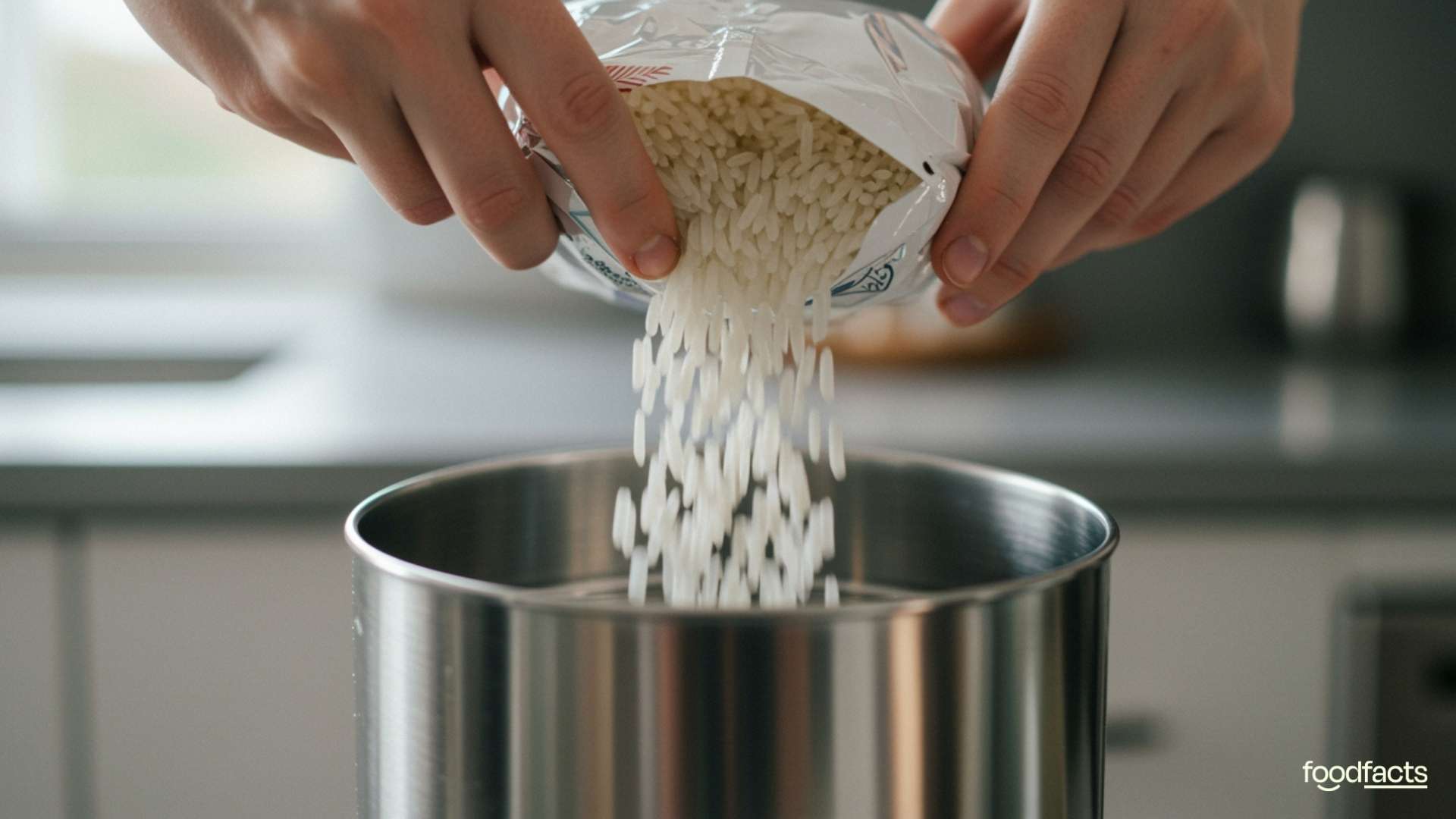 A person holds some white rice and washes it