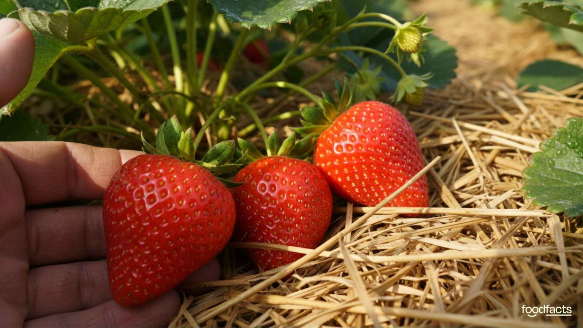 A person reaches to eat a bright red strawberry
