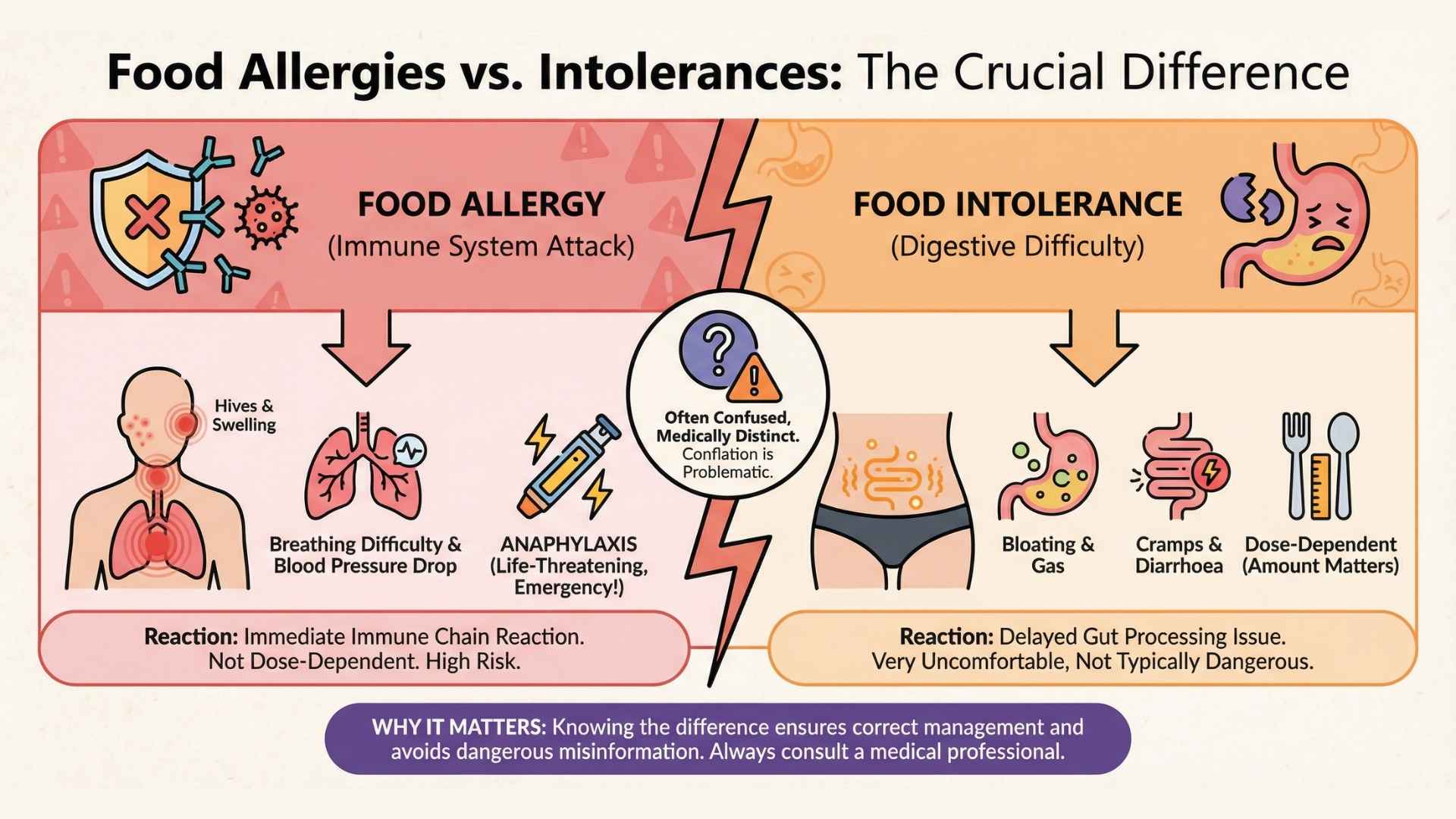 A graphic depicting the difference between a food allergy and a food intolerance
