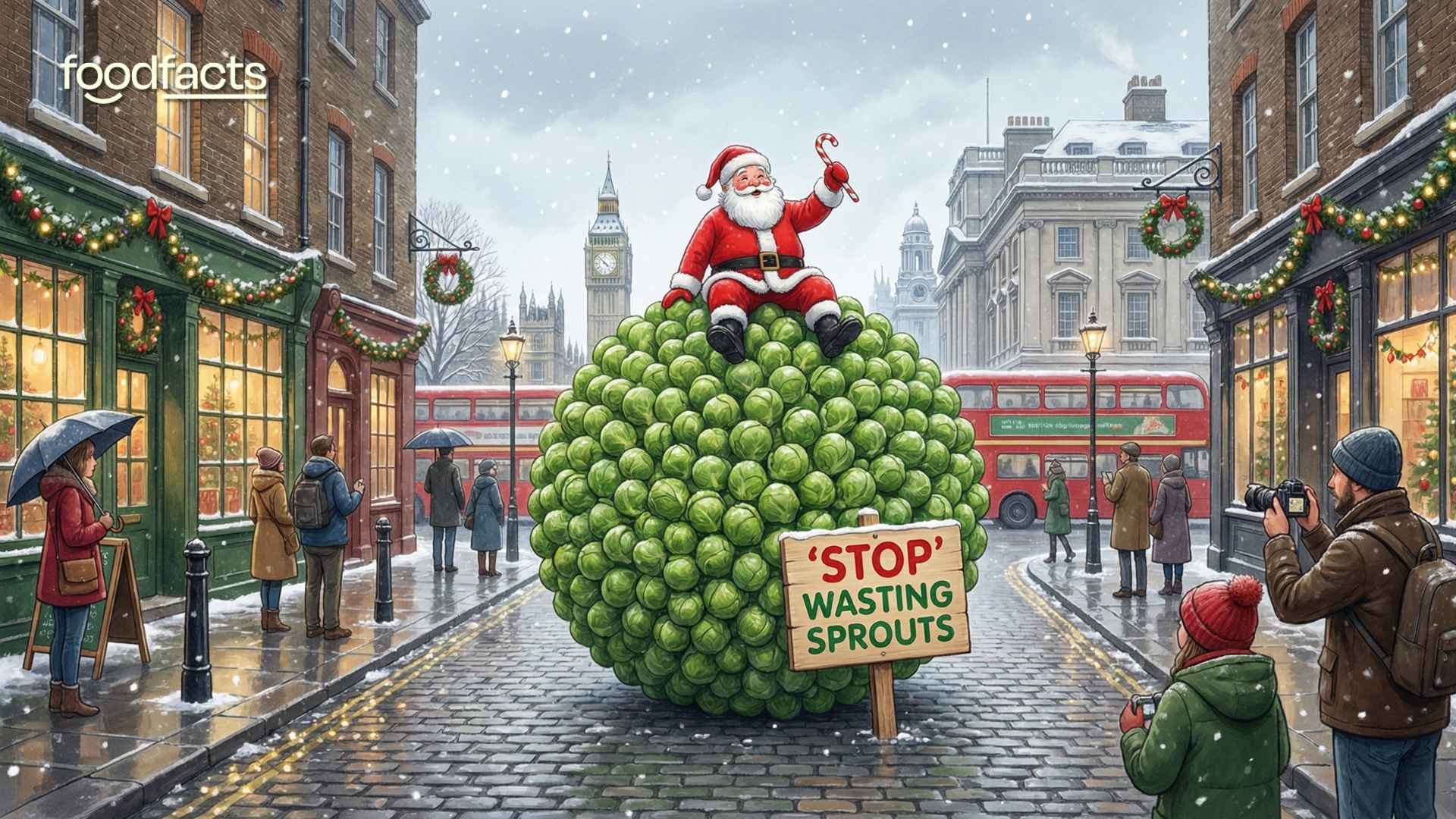 Santa sits on a large pile of Brussels sprouts with a sign that reads 'stop wasting brussels sprouts'