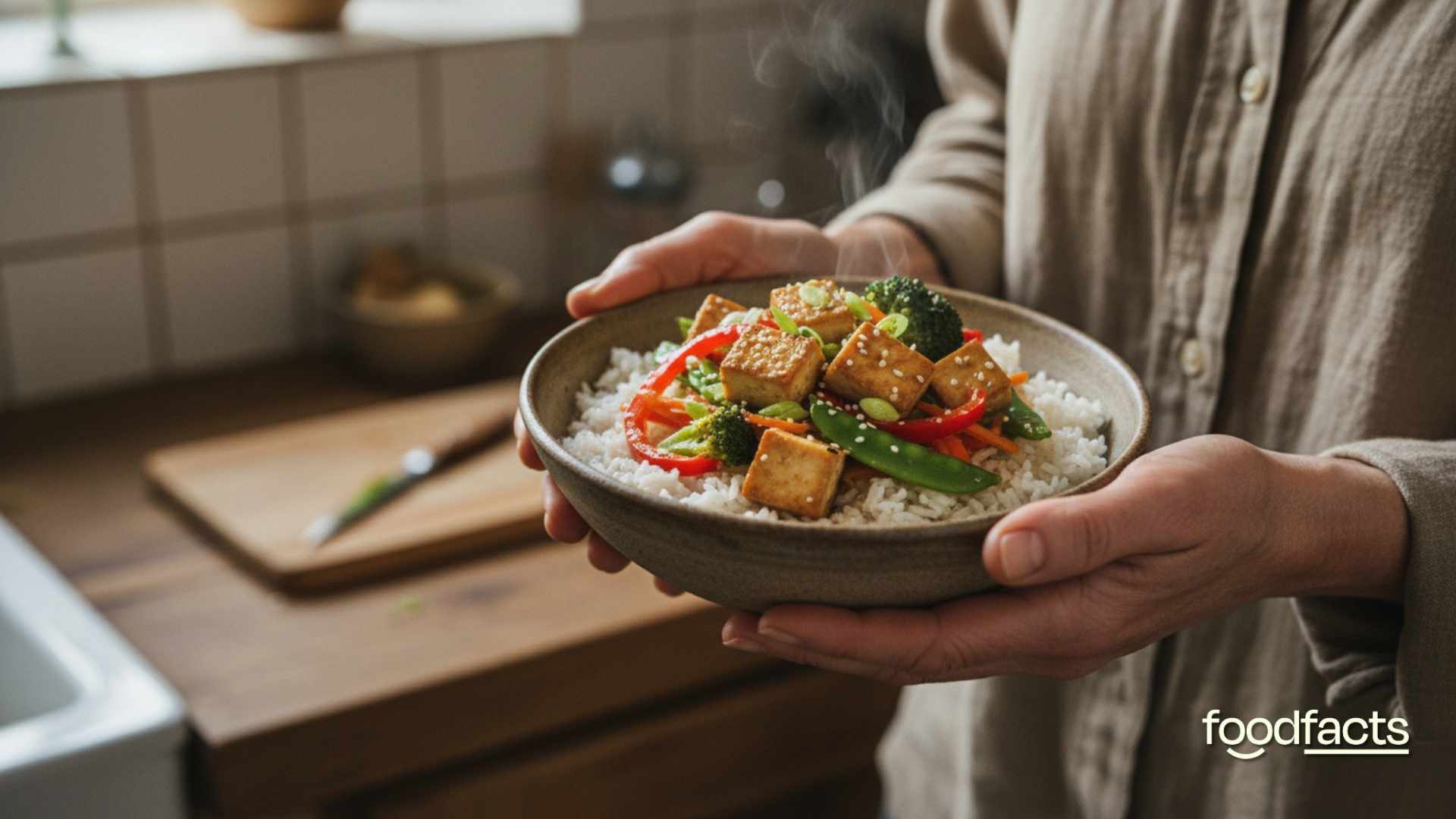 A middle-aged woman holds a bowl of rice, tofu, and vegetables