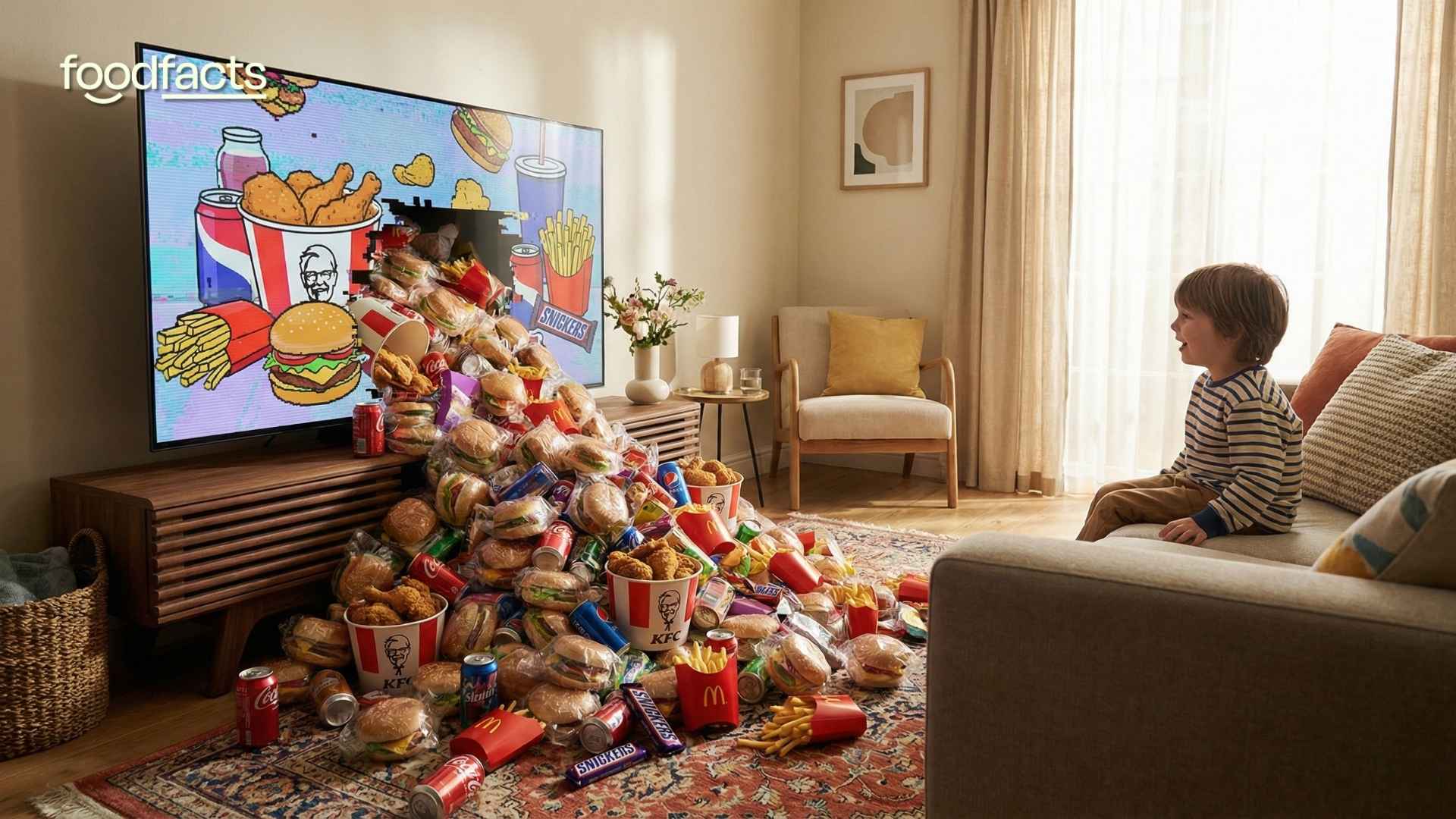 A child sits in front of a television screen. Fast food and junk food items pour out of the screen towards the child.