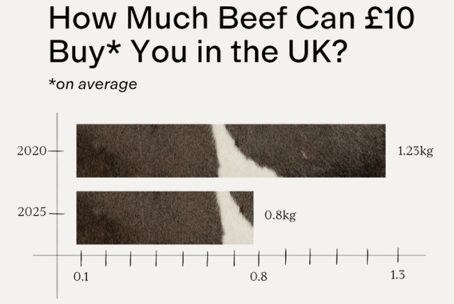 A bar chart showing the kilograms of beef that could be purcahsed for £10 in 2020 compared to 2025