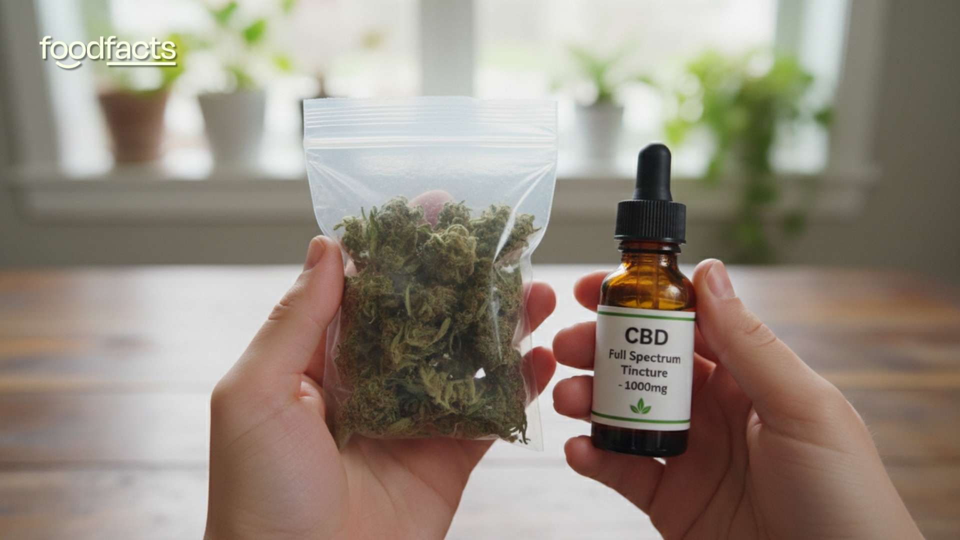 A person holds a bag of cbd flowers and a bottle of cbd drops