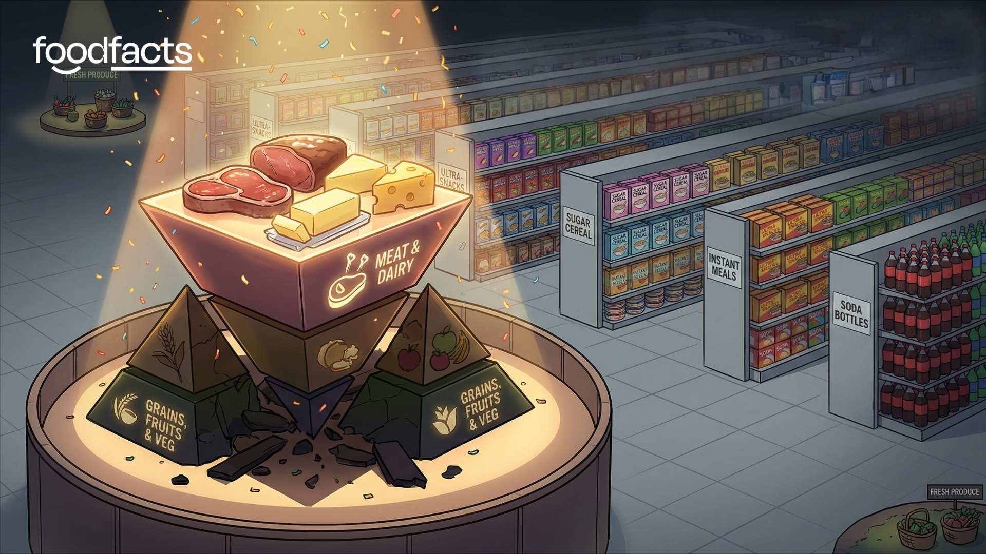 Conceptual thumbnail showing a dramatic “nutrition revolution” that changes the picture, not the system. In the foreground, a large, glossy food pyramid flipped upside down like a toppled monument, with meat, butter and cheese now at the top, highlighted by spotlights and celebratory confetti.