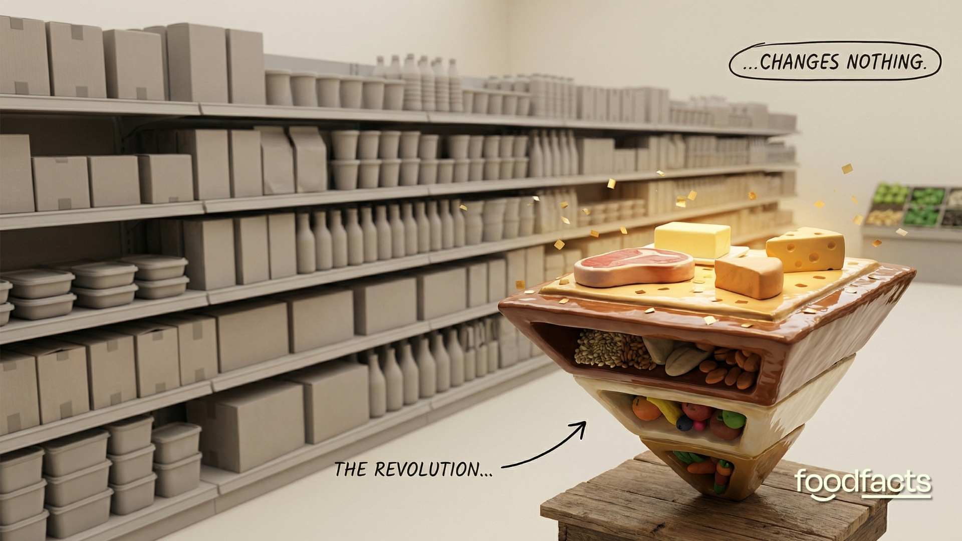Conceptual thumbnail showing a dramatic “nutrition revolution” that changes the picture, not the system. In the foreground, a large, glossy food pyramid flipped upside down like a toppled monument, with meat, butter and cheese now at the top, highlighted by spotlights and celebratory confetti.