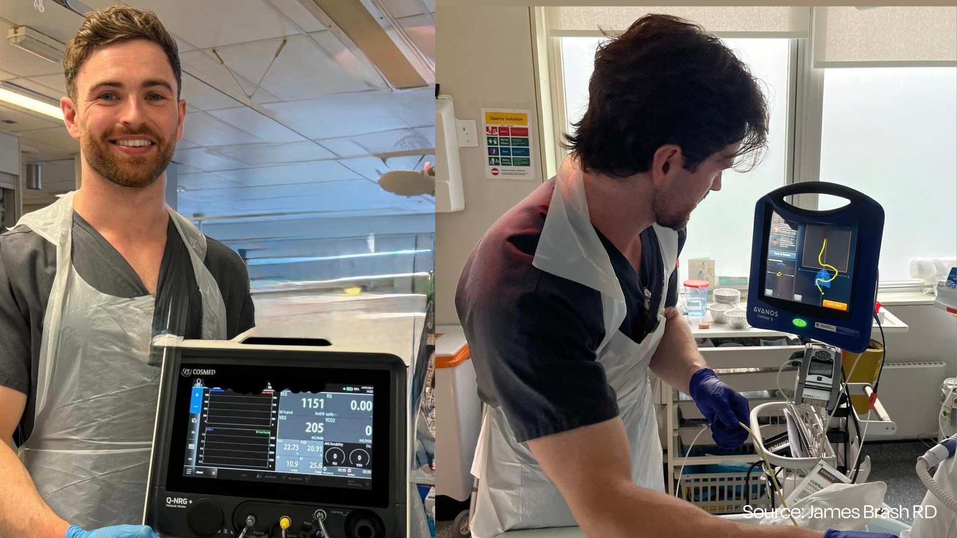 James Brash Registered Dietian pictures working in an NHS hospital setting, James is a young Scottish man with dark hair blue eyes. He is pictured wearing his NHS scrubs during a patient consultation..