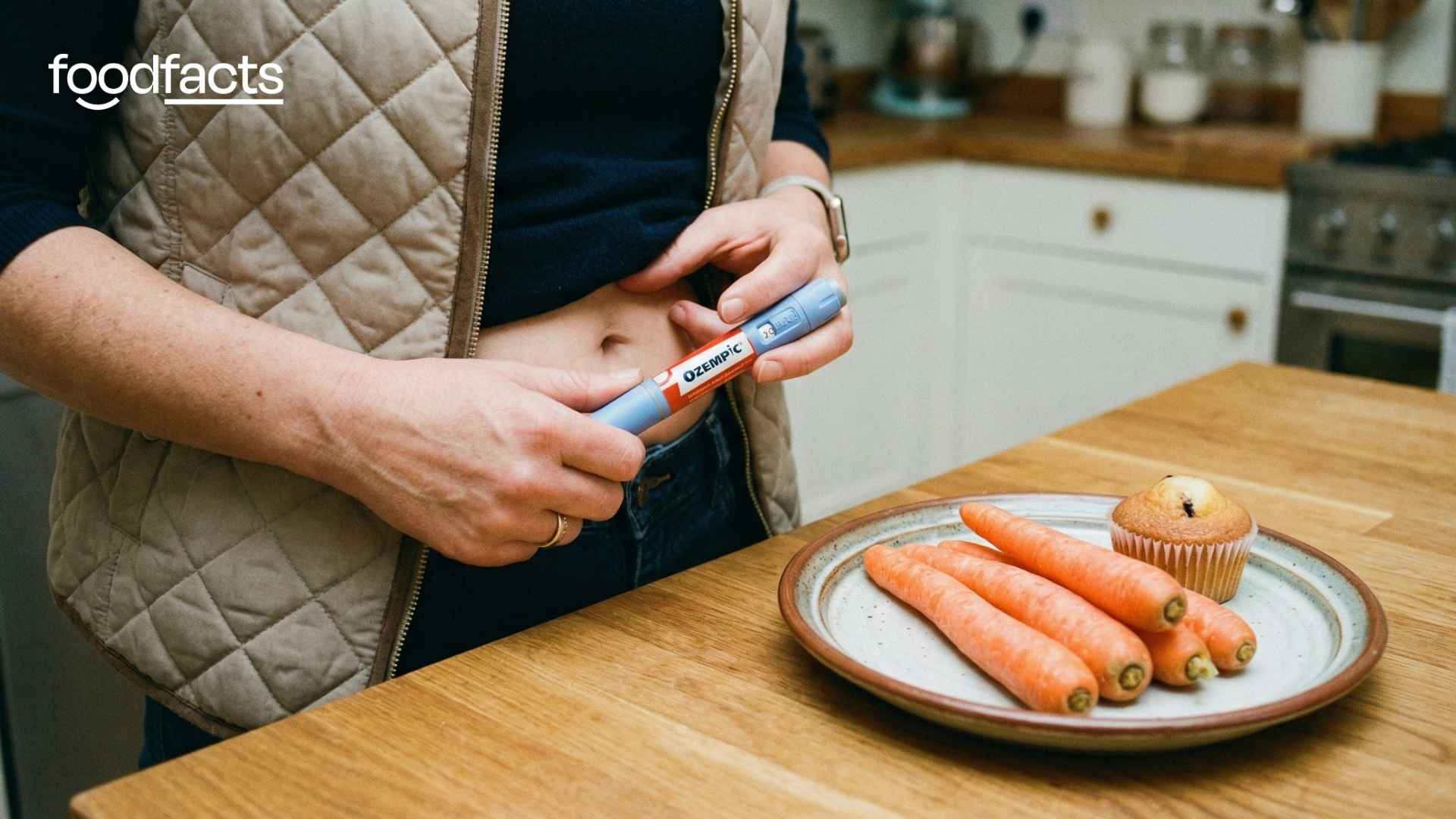 A person holds an Ozempic syringe near their stomach
