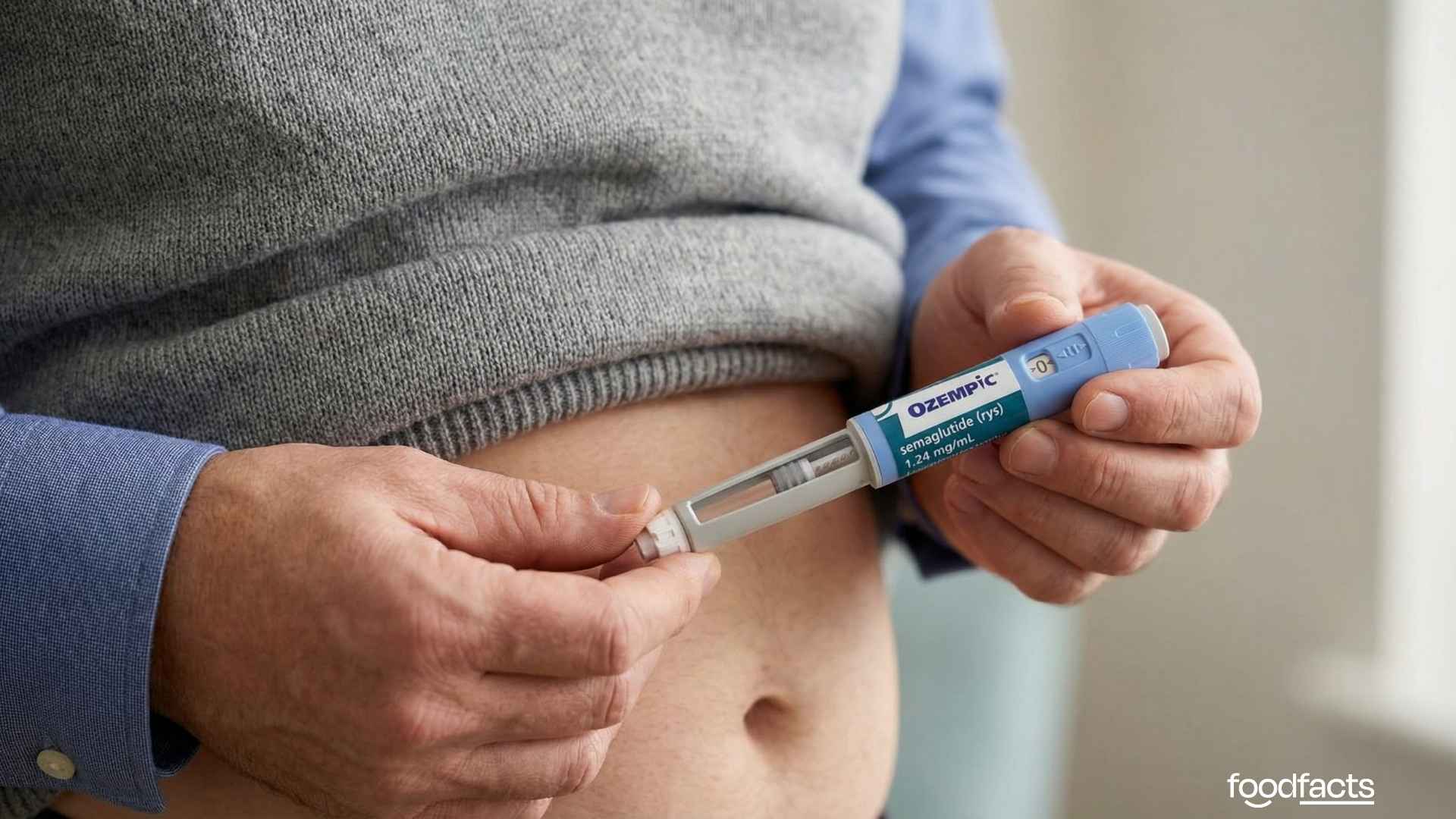 A person holds an Ozempic syringe near their stomach