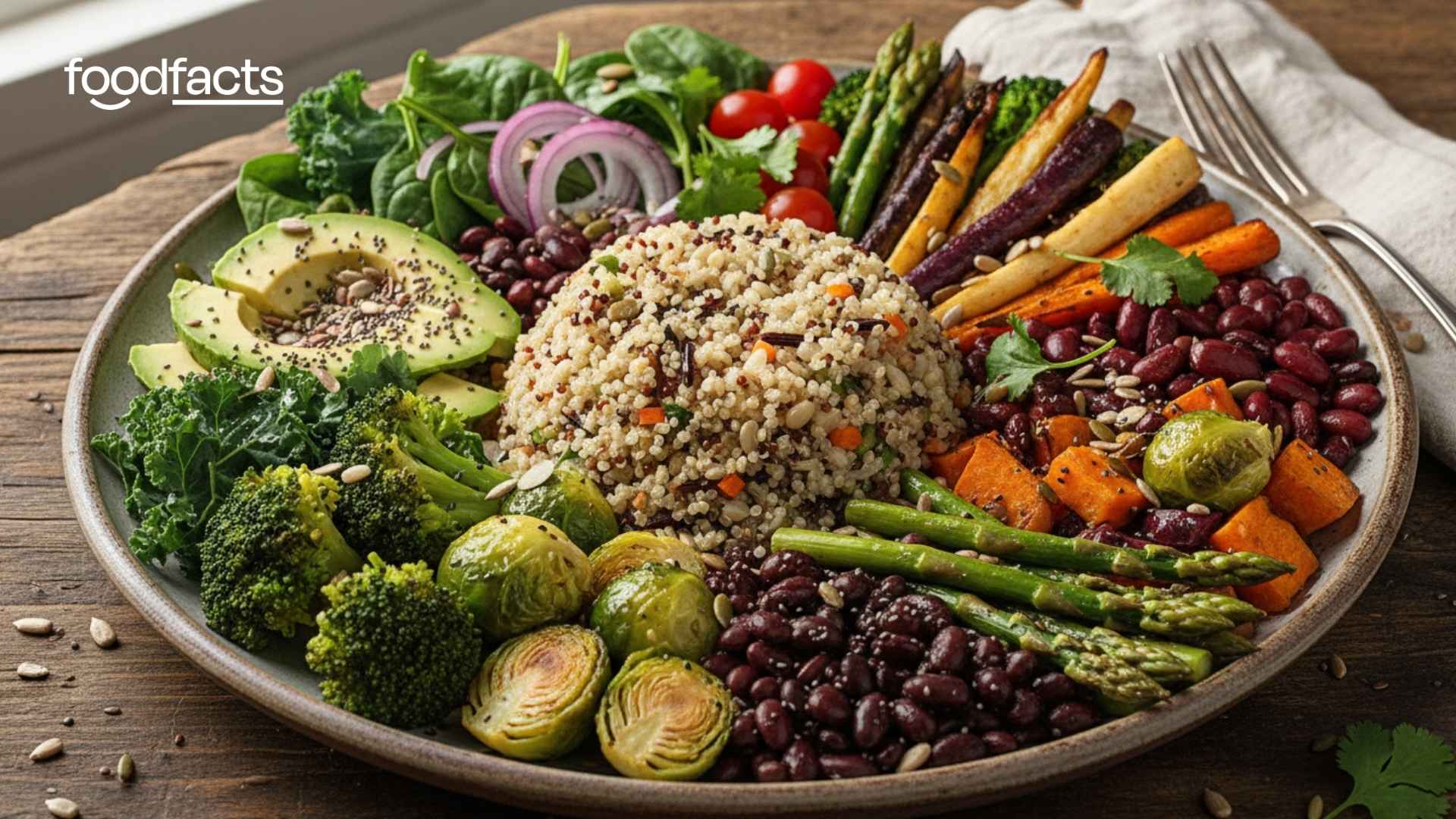 A plate is full of fibrous foods, such as whole grains and vegetables
