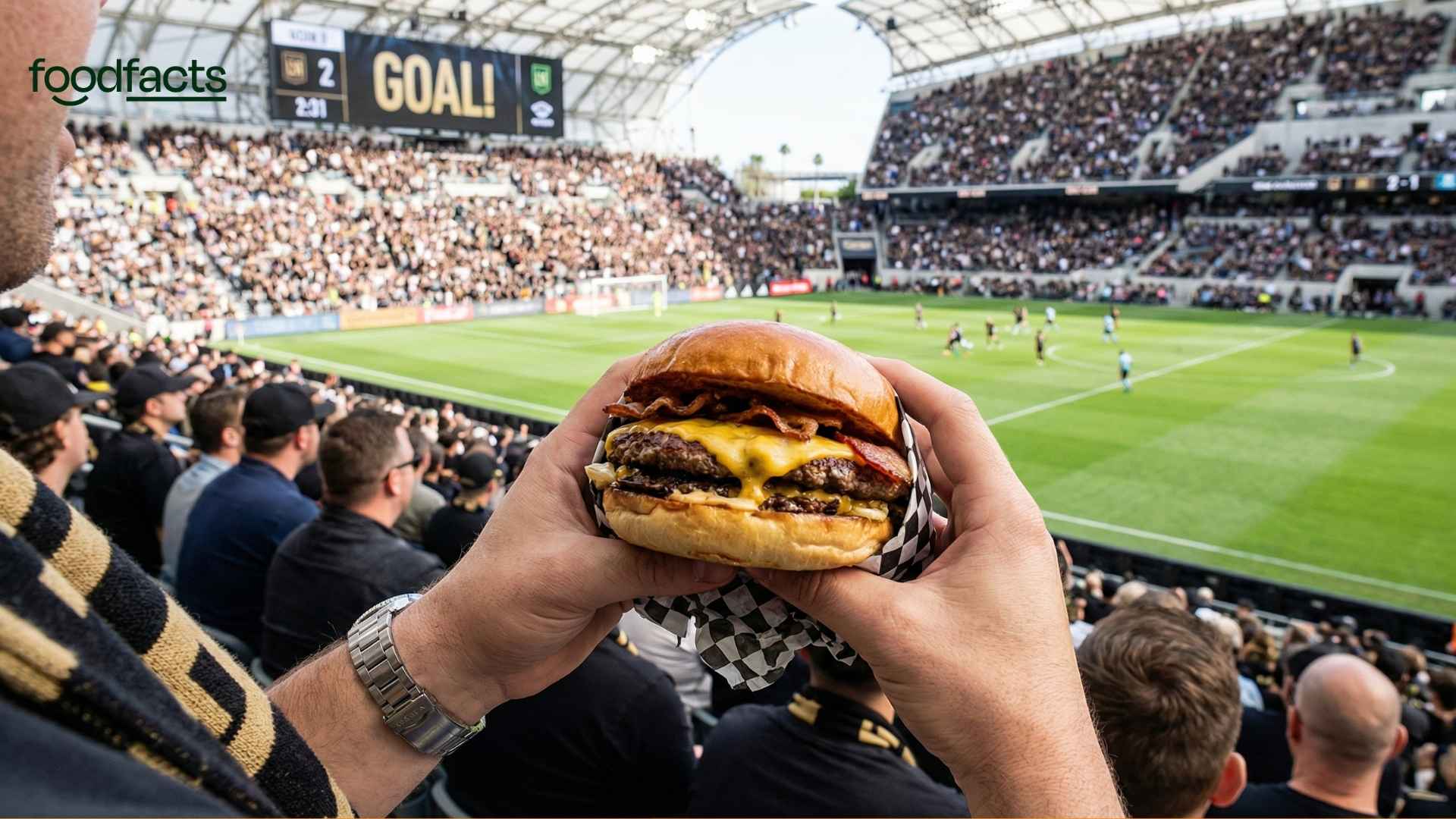 A person holds a venison burger at a football stadium