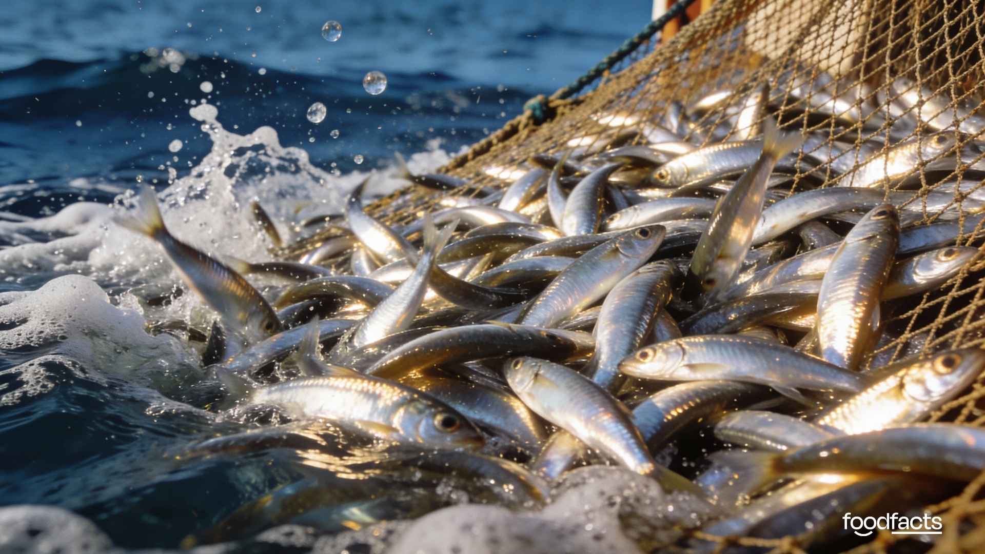 Fishes are caught in a large net on a fishing boat
