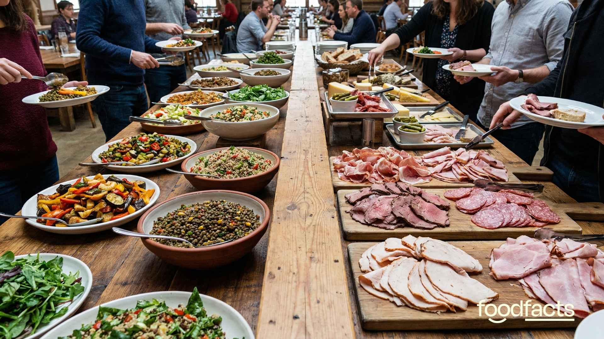 A buffet table. On one side is a range of plant-based dishes. The other side has a range of dairy and deli meats