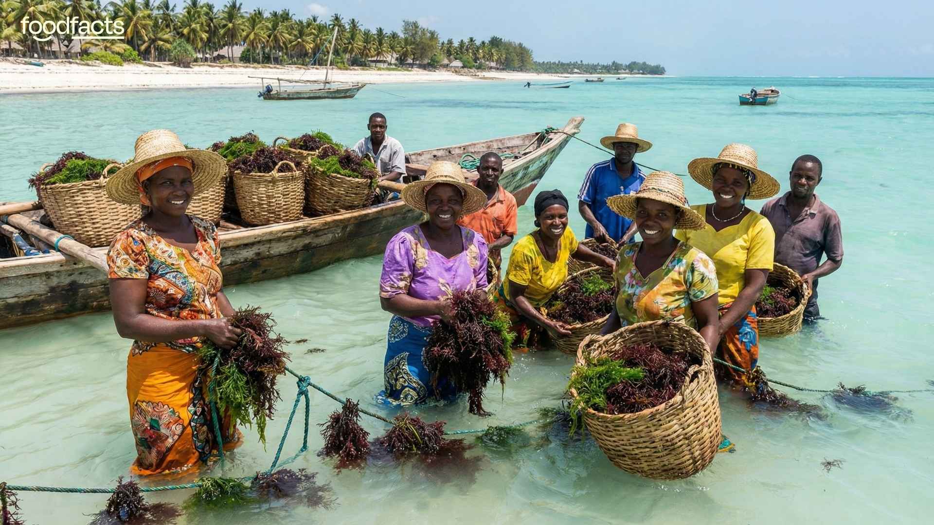 A group of people stand around fishing nets and ropes full of seaweed