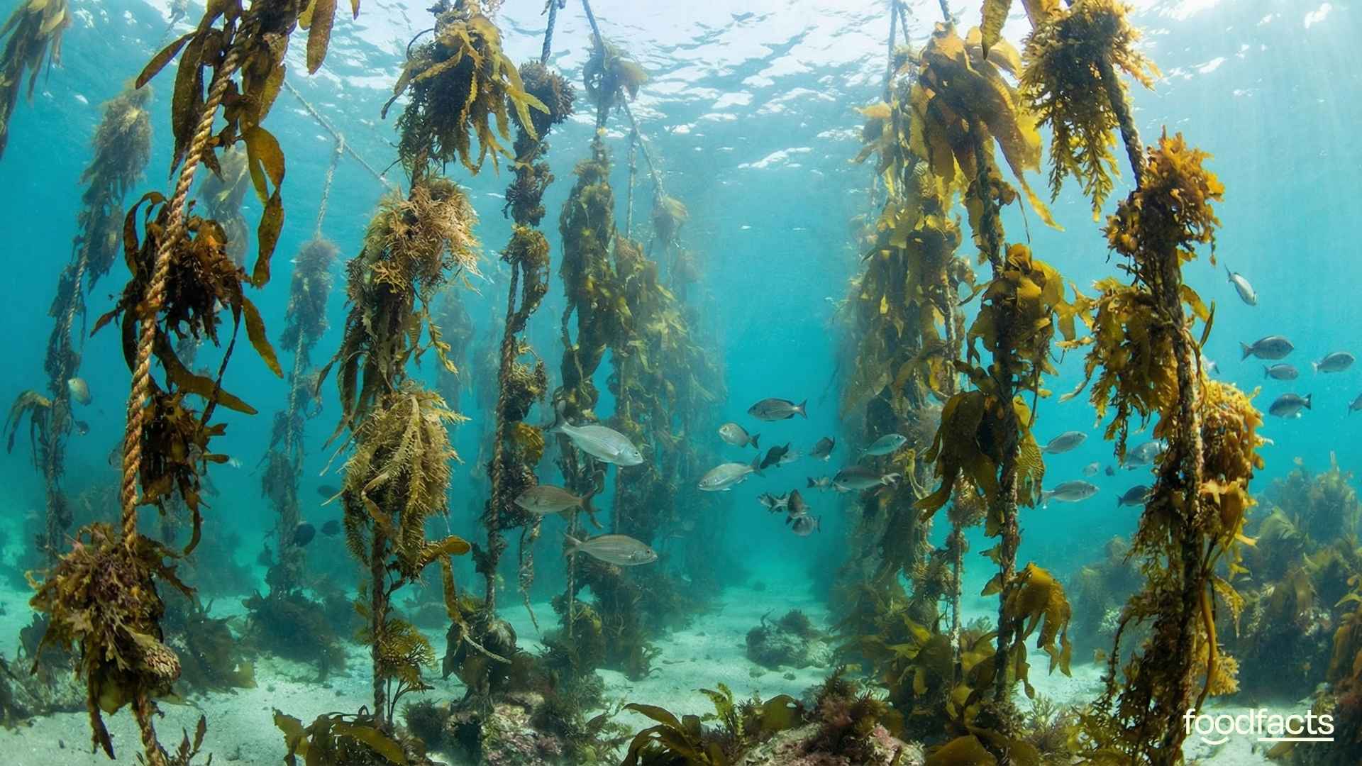 A group of people stand around fishing nets and ropes full of seaweed