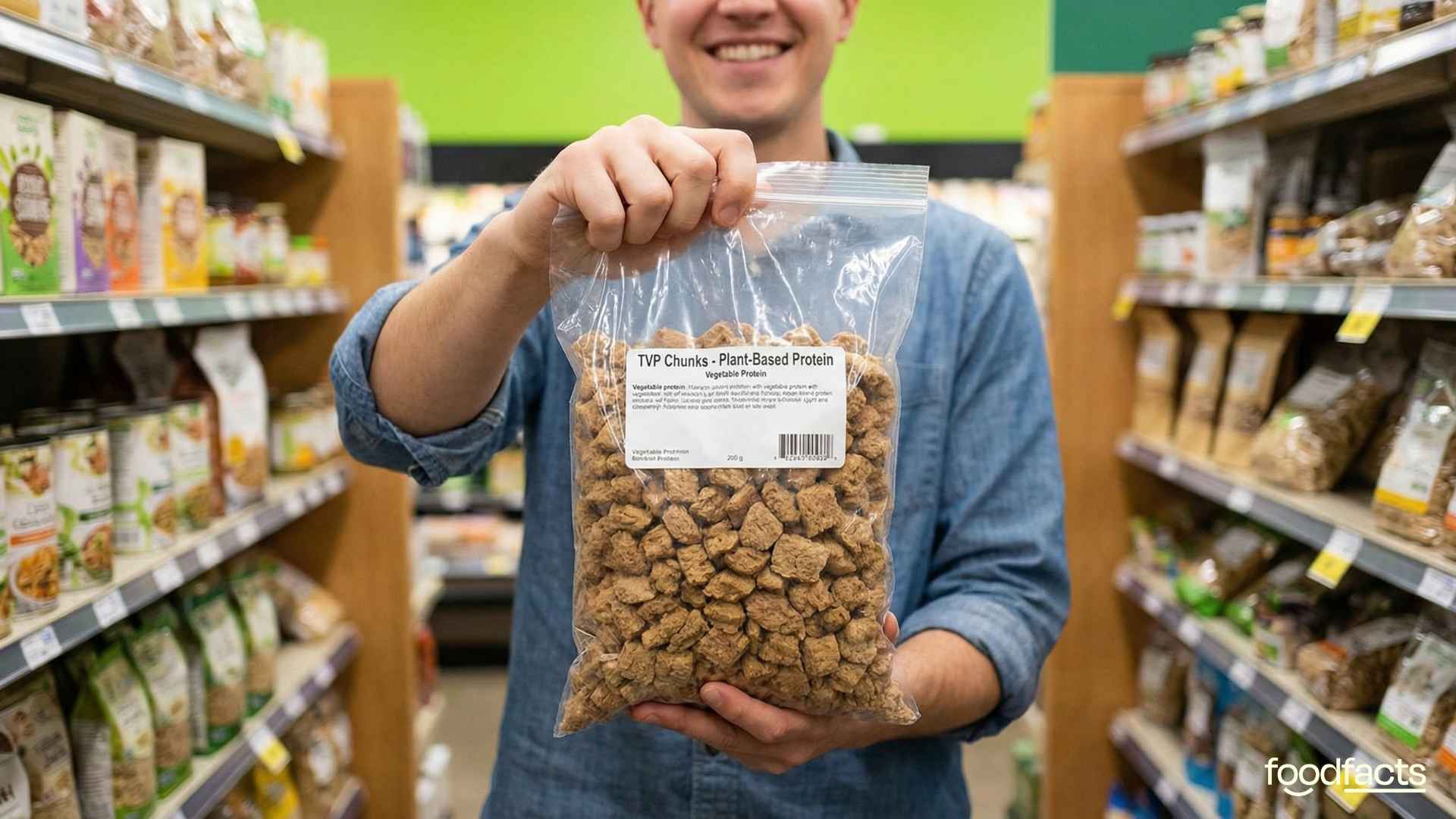 A person holds a bag of texturised vegetable protein