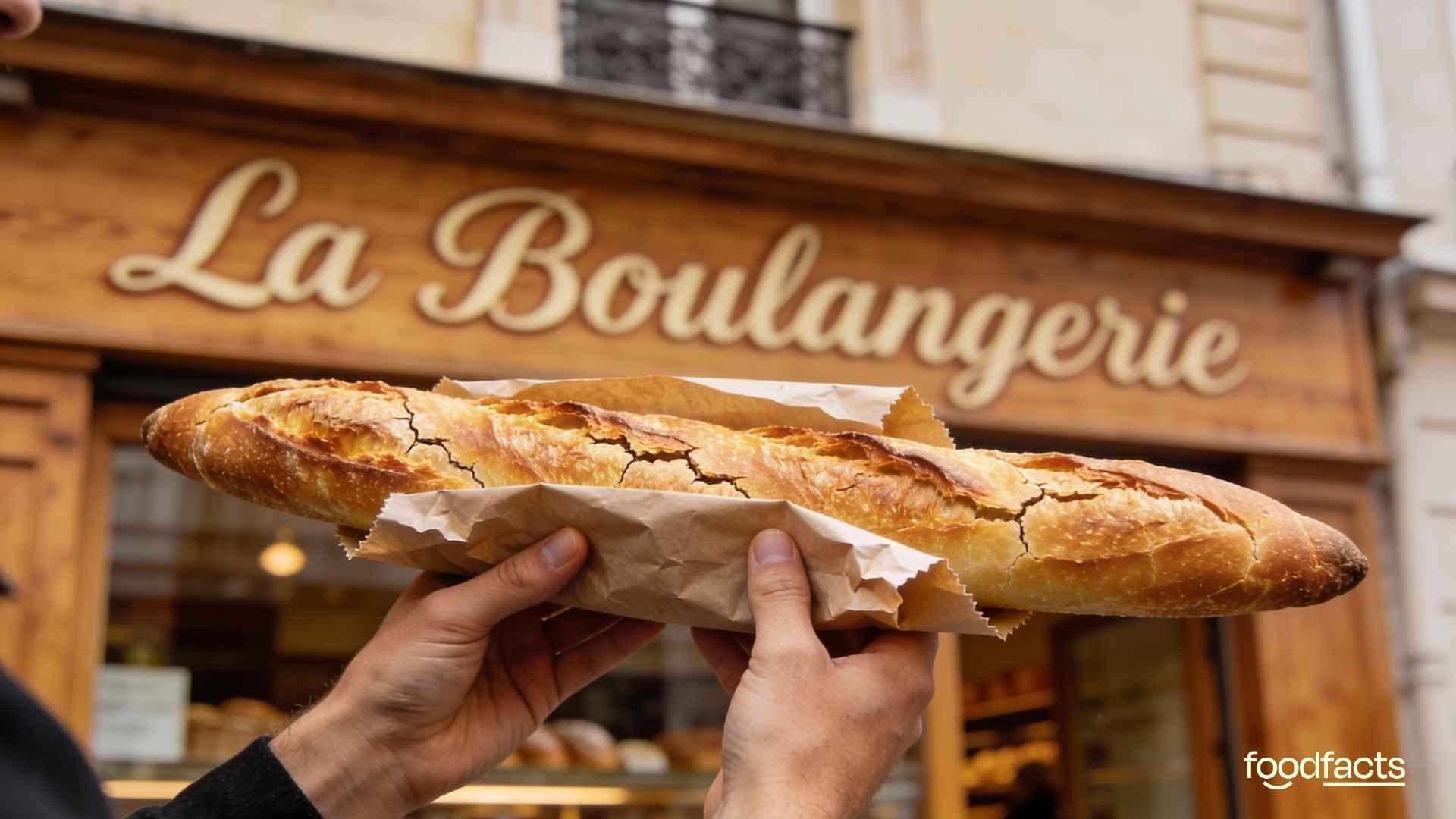 A person holds a fresh baguette