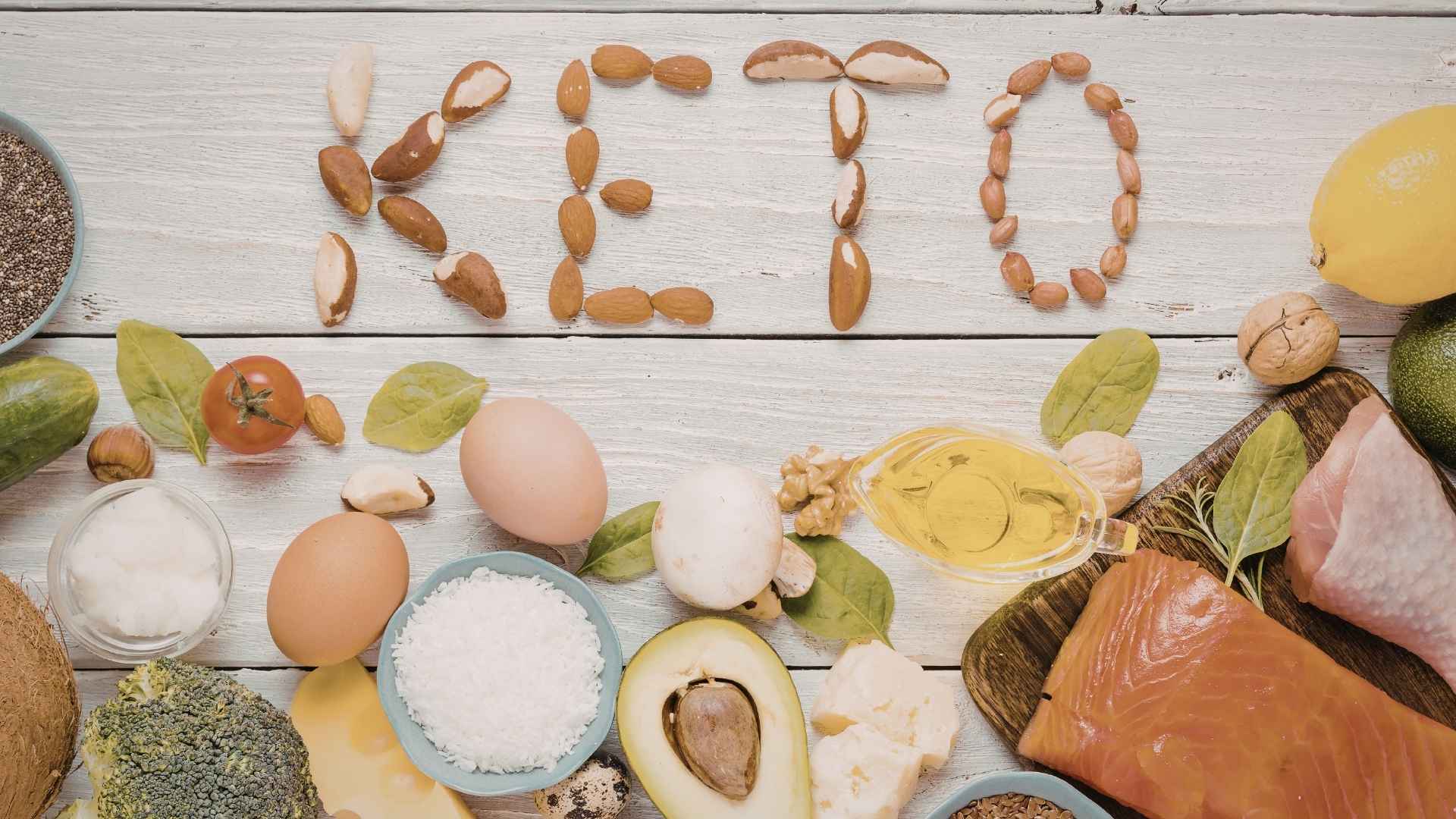 A range of low-carb, high fat and protein foods, such as nuts, eggs, avocados, and fish