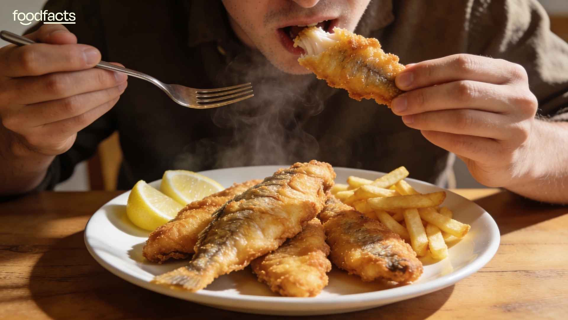 A person eats fried fish