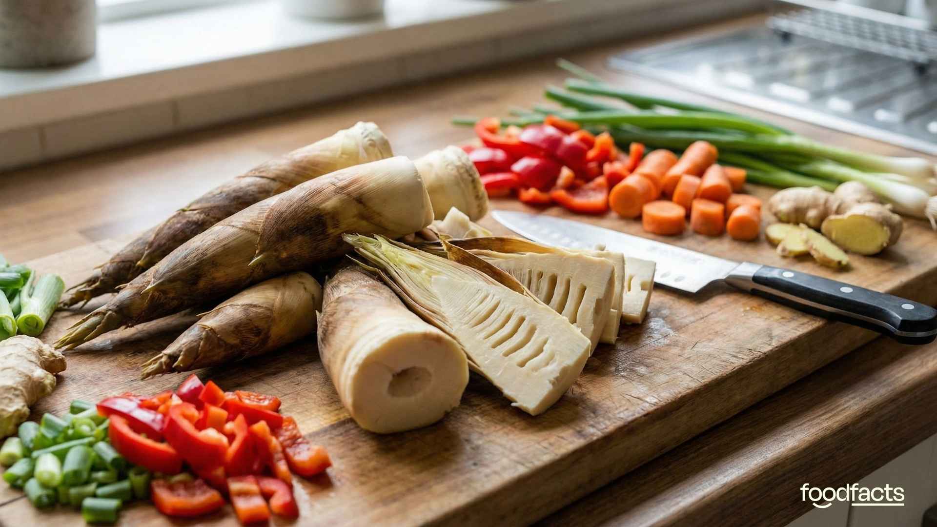 A woman holds freshly harvested bamboo shoots in her hand
