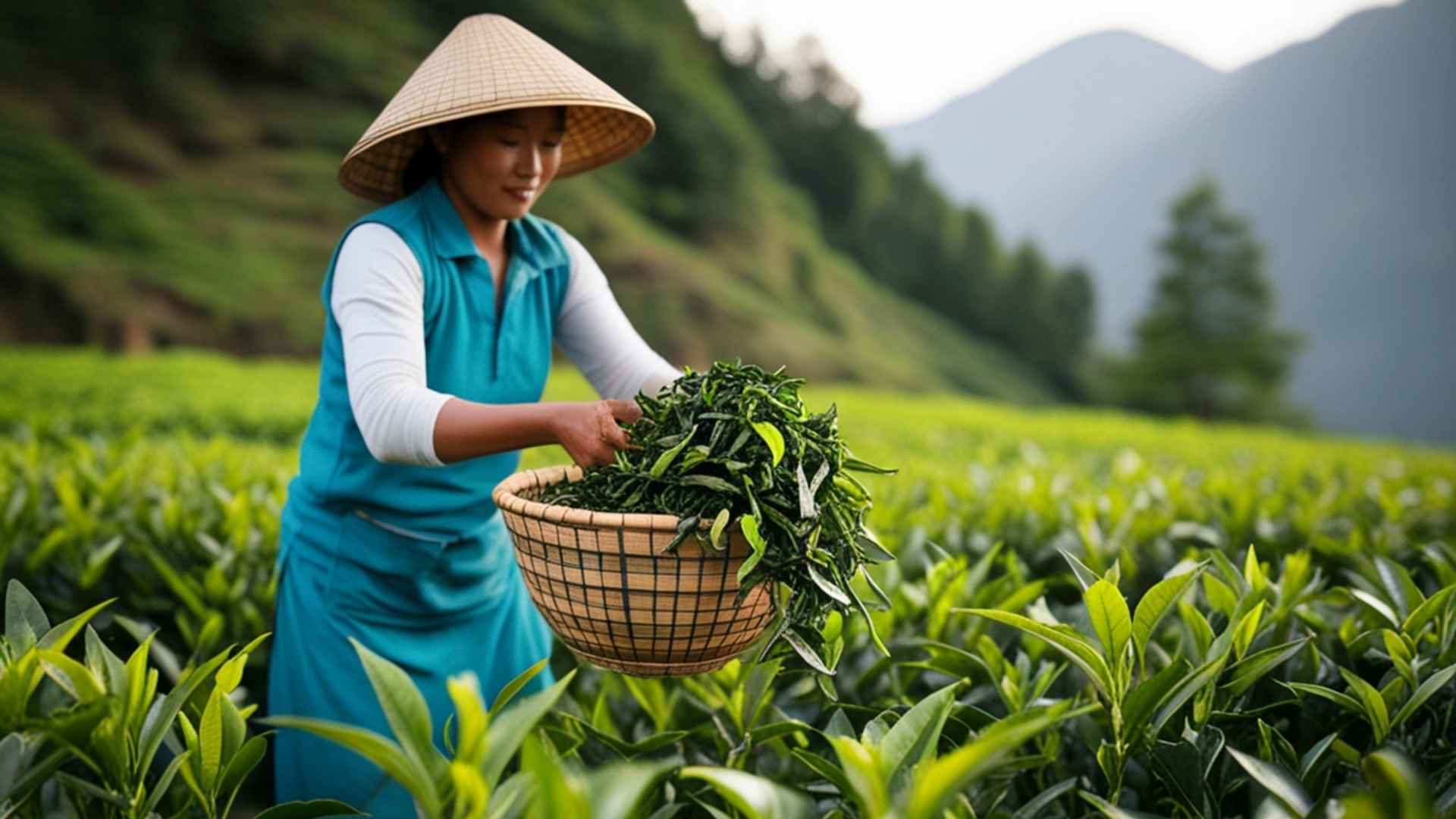 A woman holds a basket of leaves in a field
