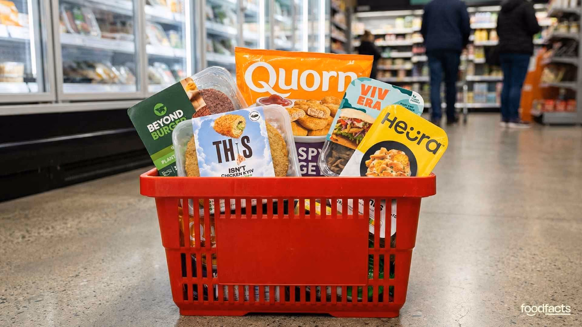 A shopping basket filled with different plant-based meat products