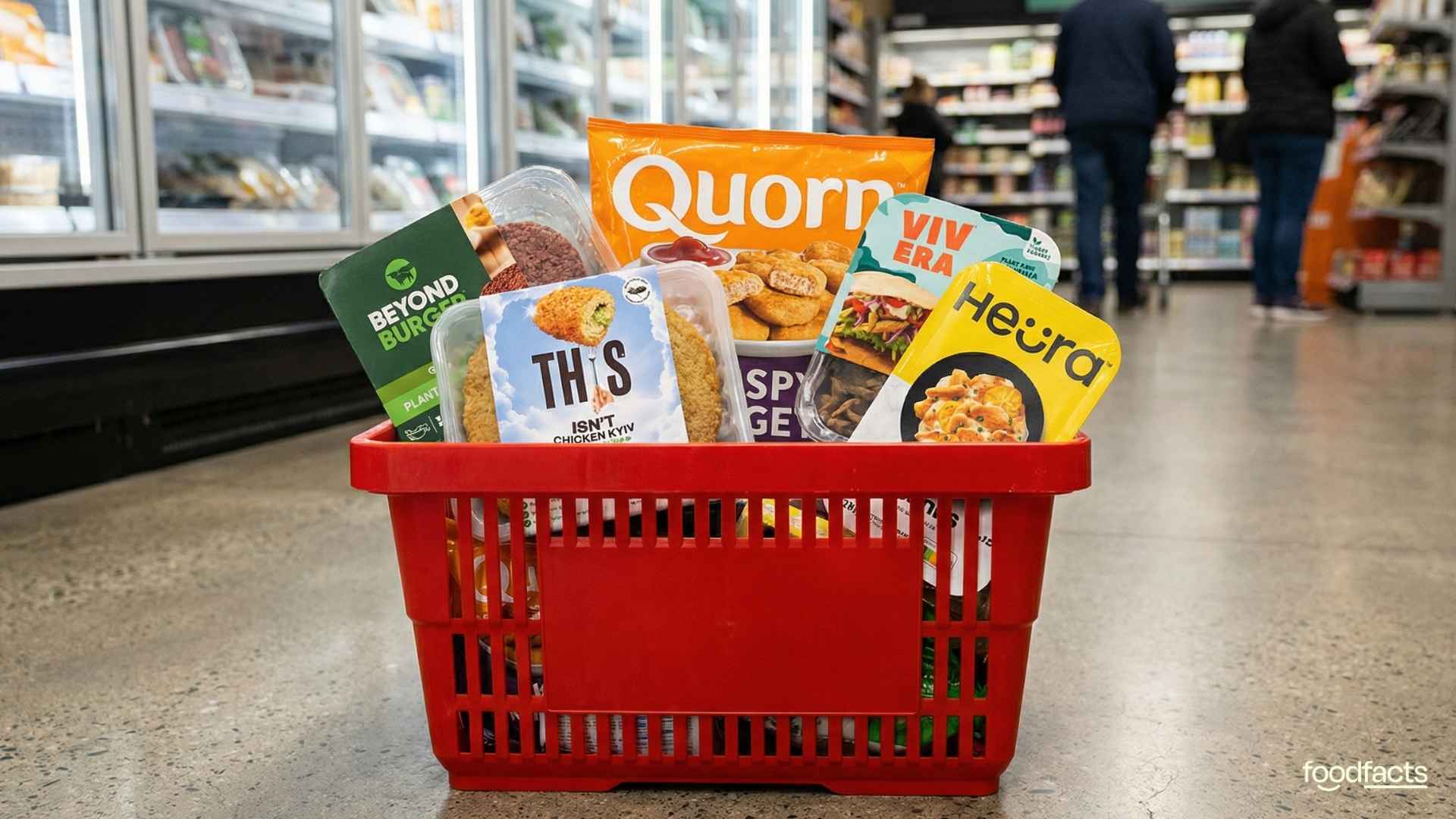 A shopping basket filled with different plant-based meat products
