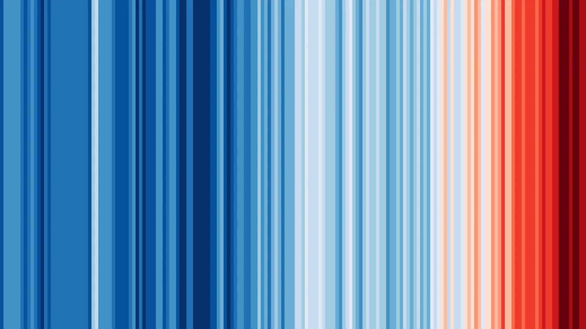 A row of different coloured stripes, showing global warming over time