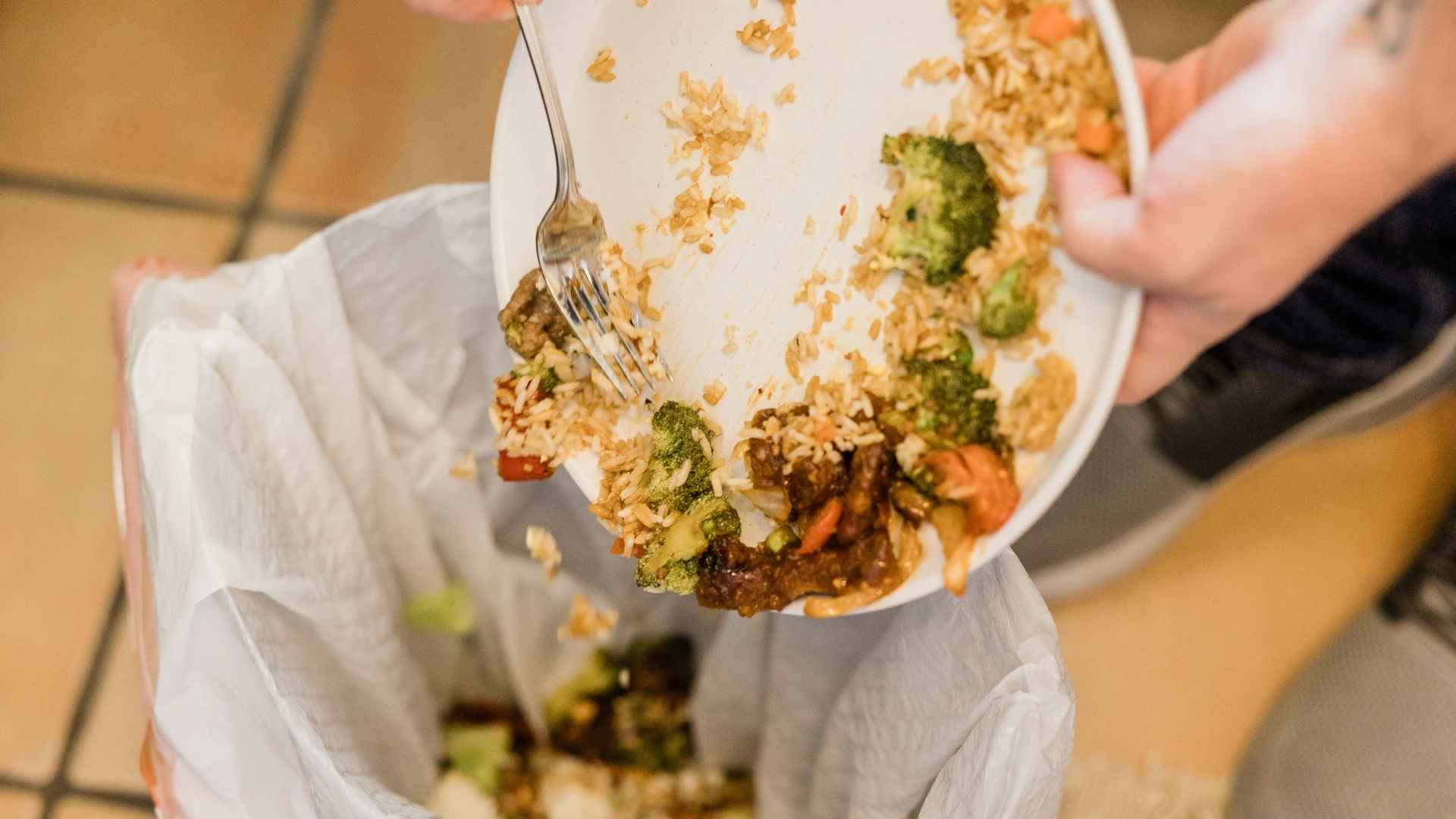 A person scrapes their dinner scraps into the bin