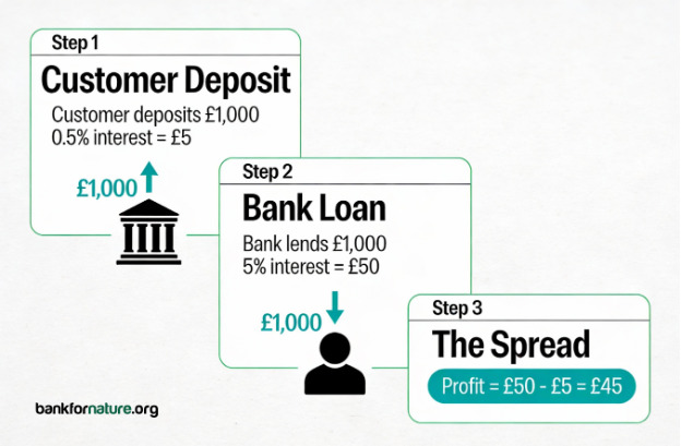 A Diagram explaining how banks make their money by using customer deposits to make loans
