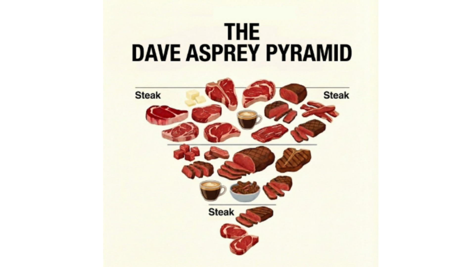 An inverted food pyramid showing only steak, butter, and coffee
