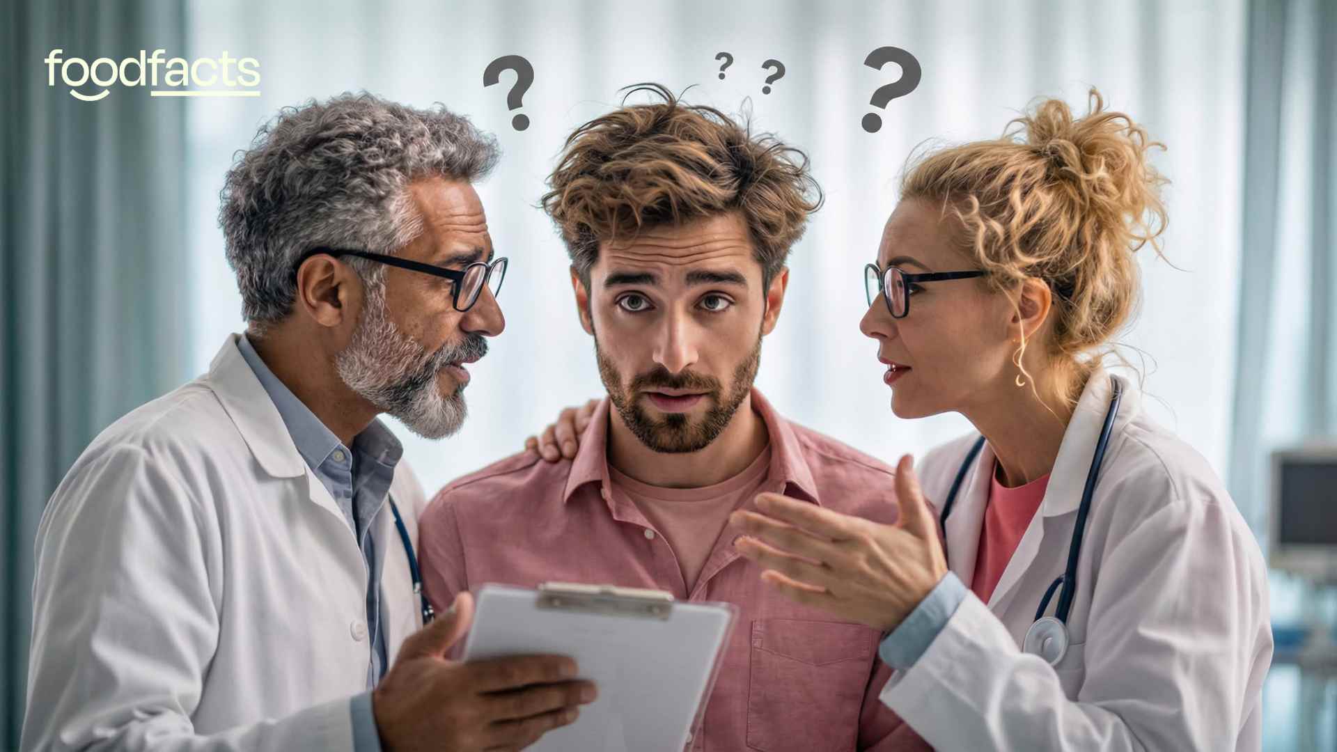 A confused-looking man stands between two animated health professionals, each holding documents and passionately explaining. Question marks hover above their heads, symbolizing conflicting advice. This image reflects the theme of the article, which questions who is truly qualified to give nutrition advice and highlights the confusion caused by misinformation and differing expert opinions.
