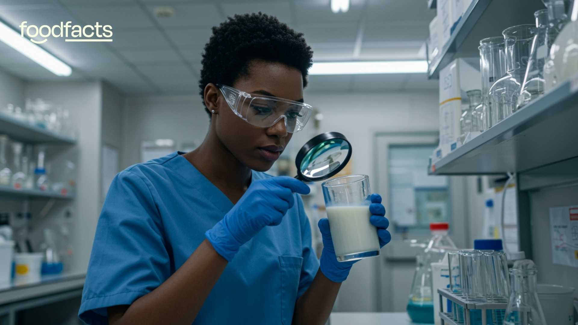 A scientist holds a magnifying glass up to a glass of milk. This represents the claim that milk is full of animal pus, when in fact, it is filled with a range of natural immune system cells.