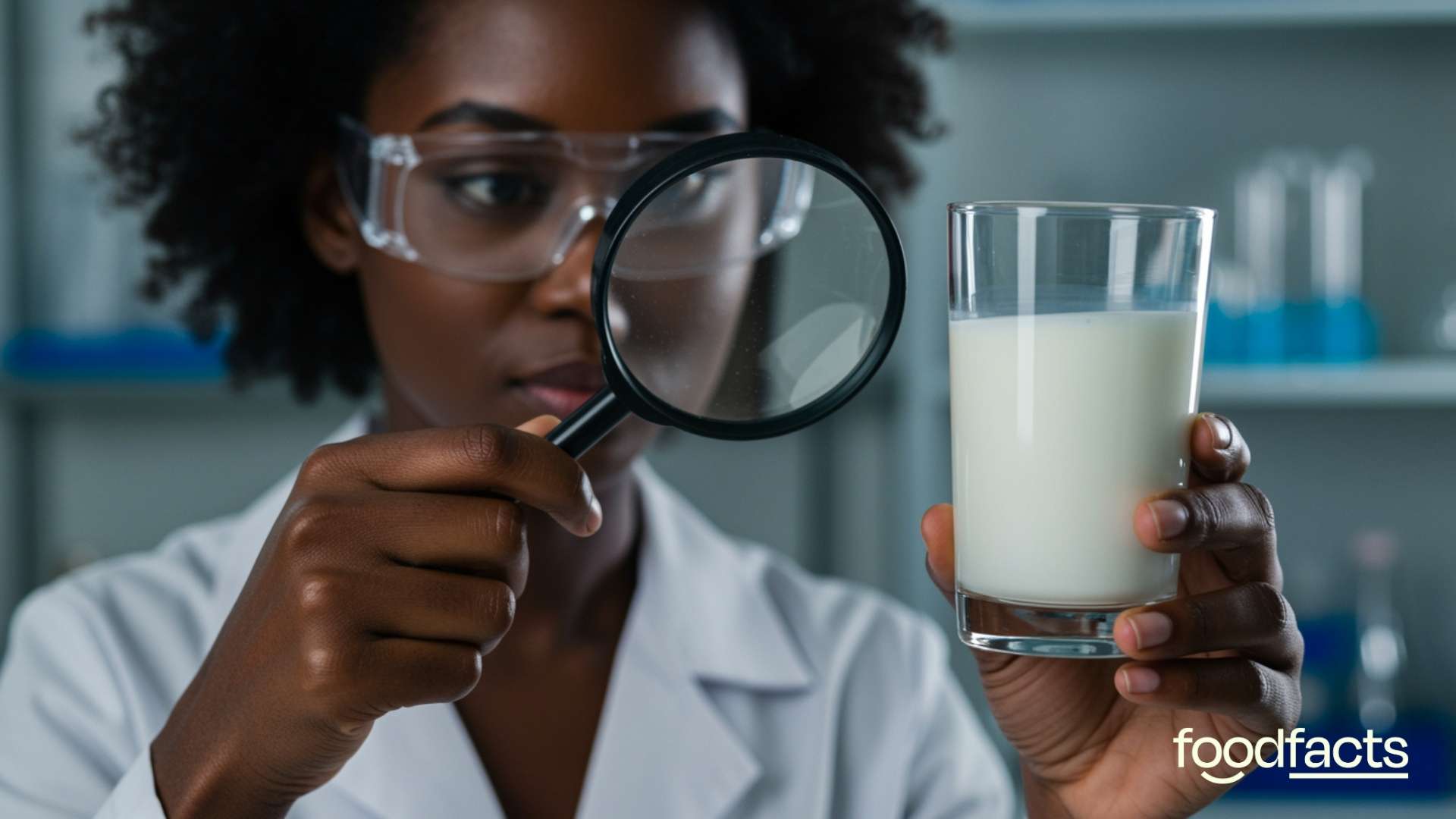 A scientist holds a magnifying glass up to a glass of milk. This represents the claim that milk is full of animal pus, when in fact, it is filled with a range of natural immune system cells.
