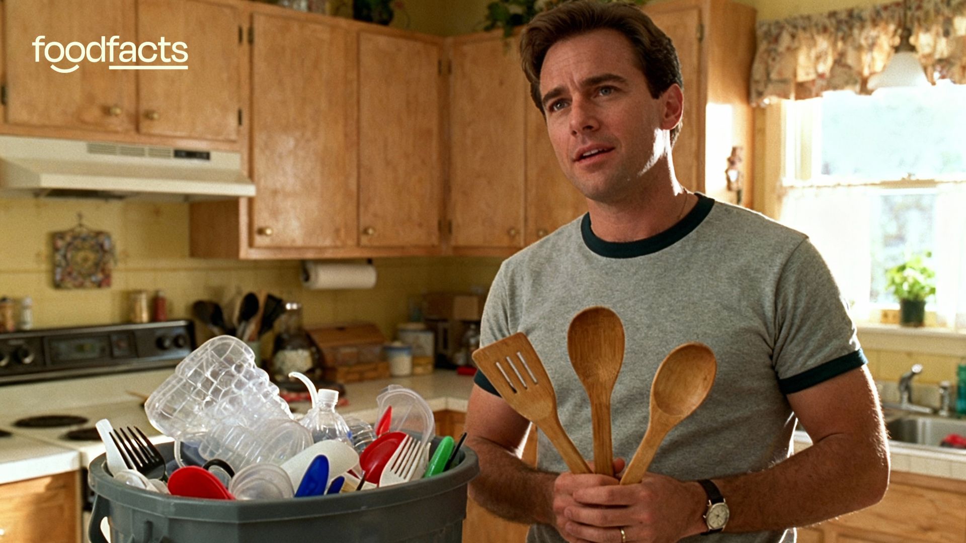 A person stands in a kitchen between different sets of kitchen equiptment. Some equiptment is plastic, the other is metal or wooden, signifying the conversation about the risks of using plastic cooking utensils.