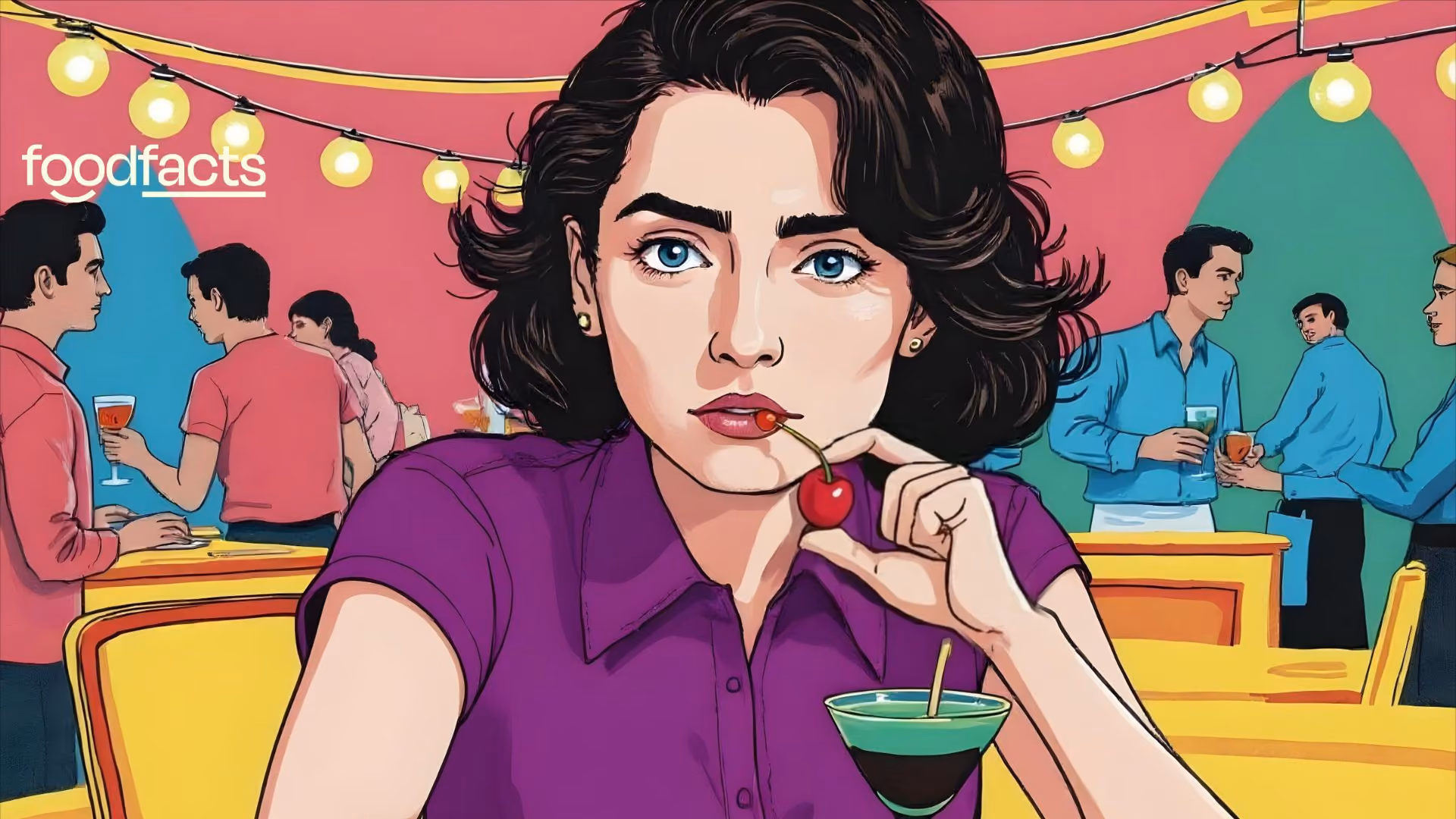 A woman eats a cocktail cherry with a scepitcal look on her face. Her scepticism highlights the concern towards red food colouring additives.