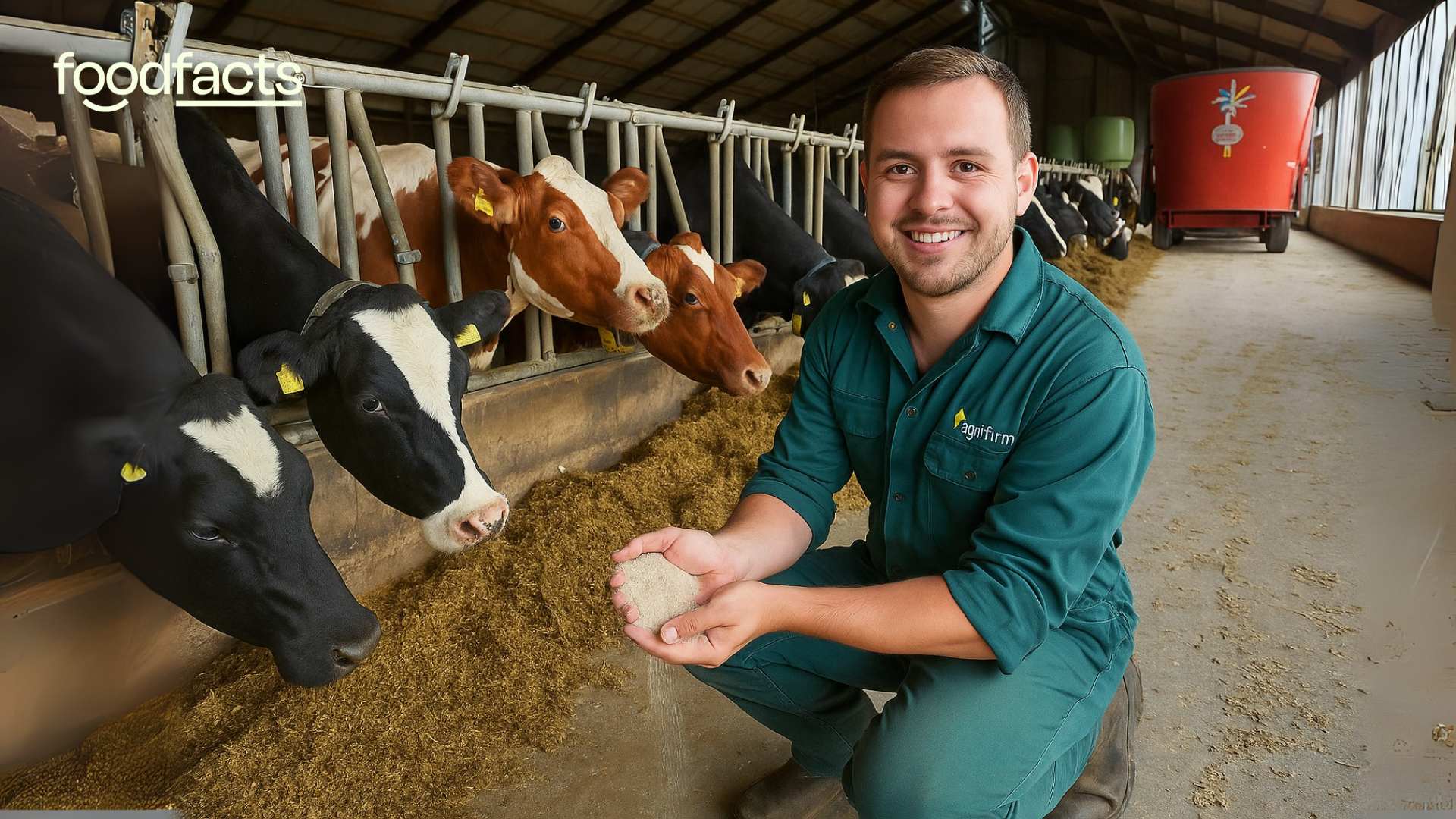 A man pours a red additive into cow feed. This links to this article's discussion on the perceived benefits of feed additives.