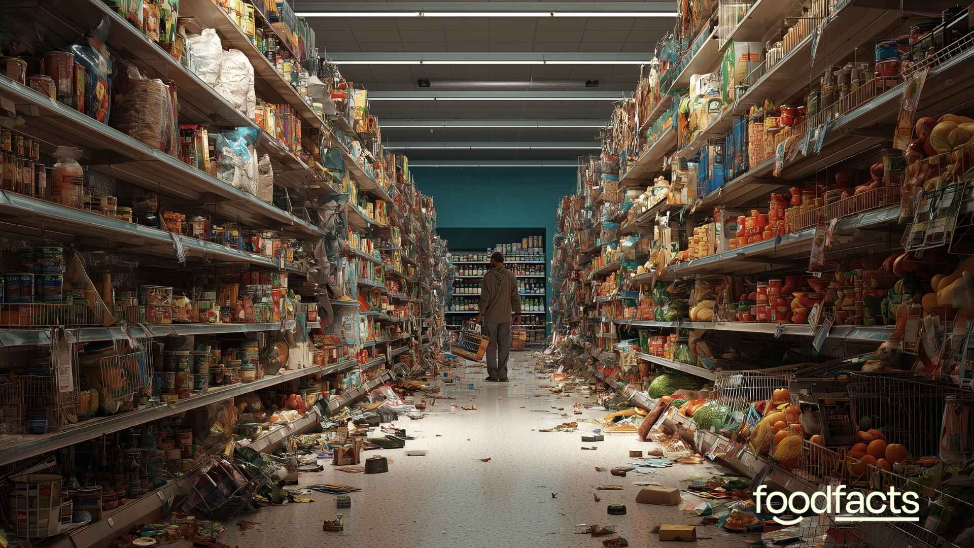 A person stands in between aisles in a grocery store. One aisle is empty, whereas the other is overflowing with food.