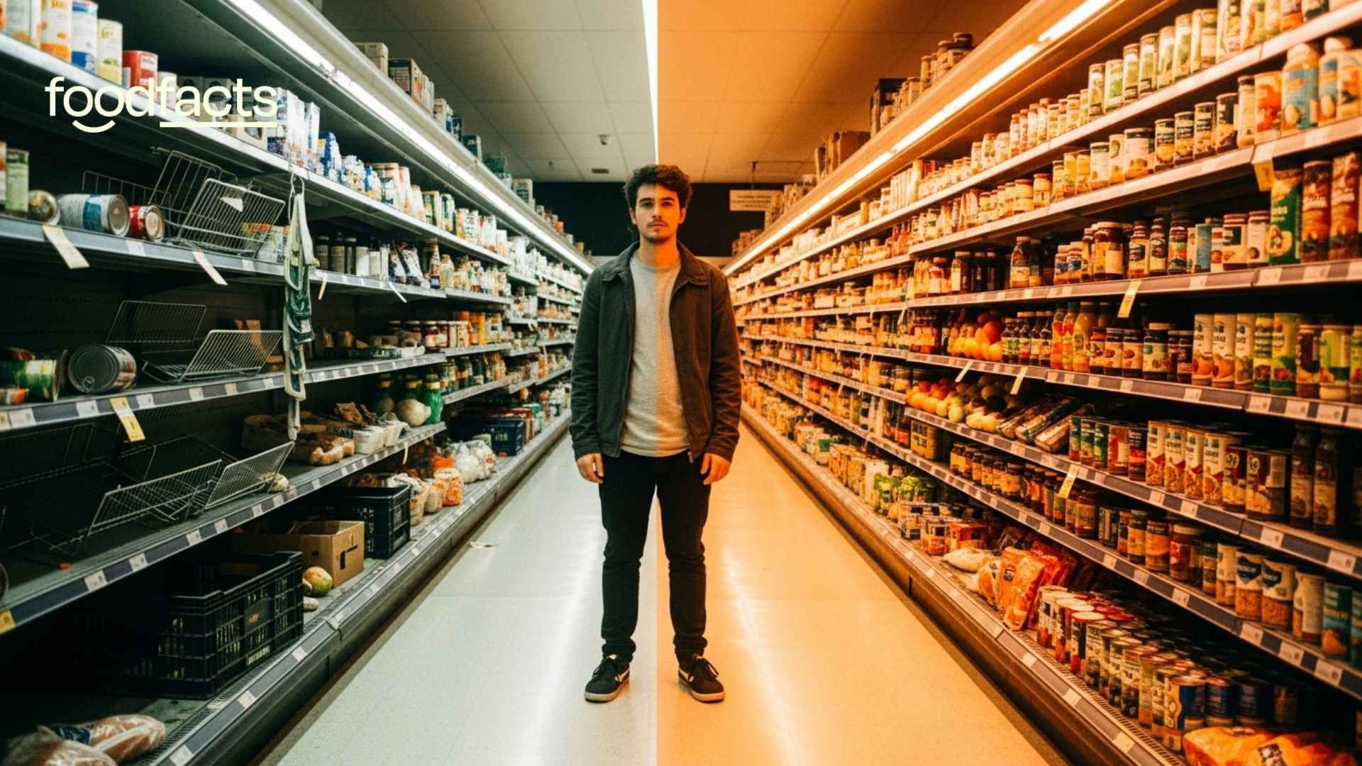 A person stands in between aisles in a grocery store. One aisle is empty, whereas the other is overflowing with food.