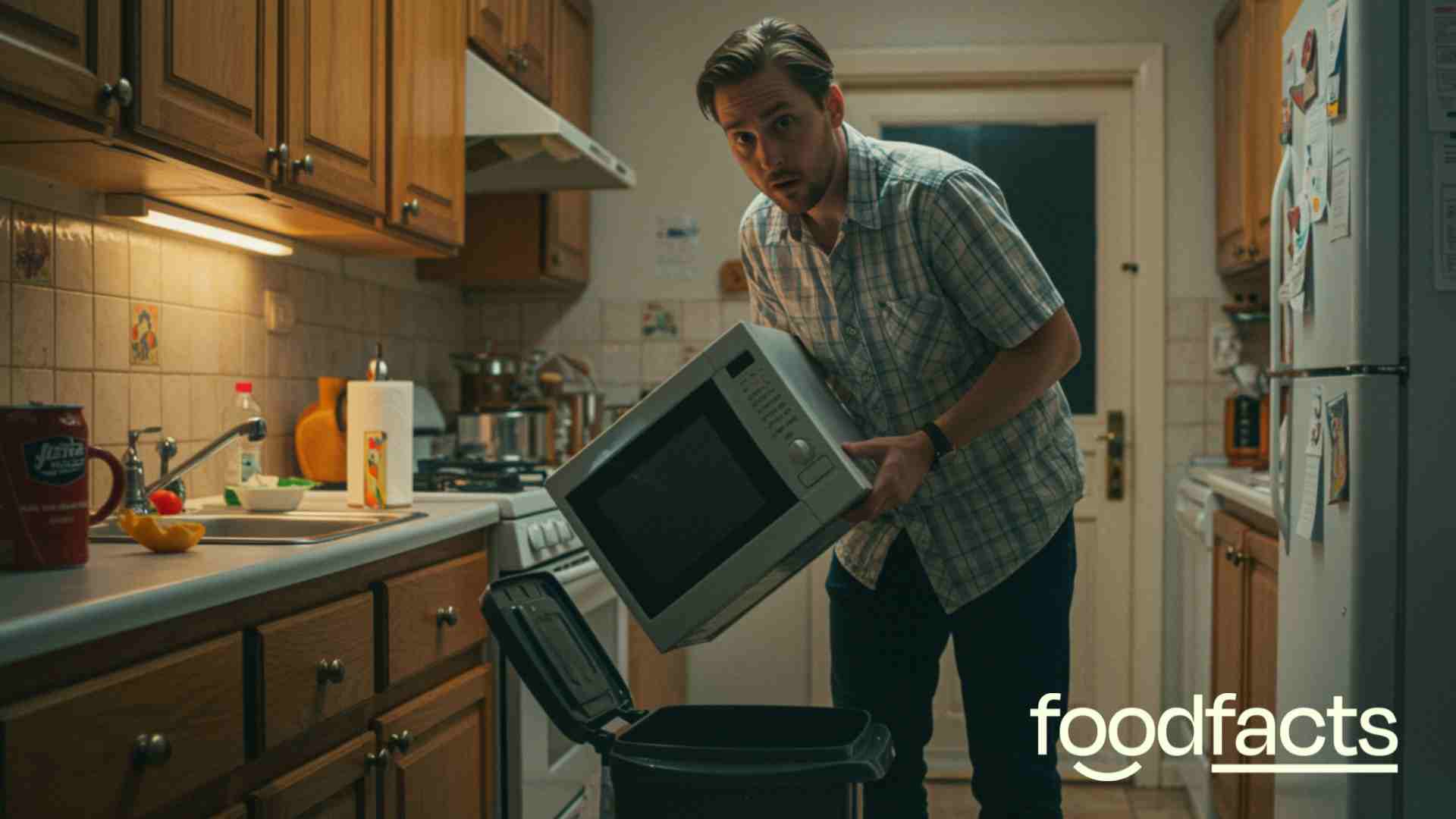 A person stands in their kitchen, holding their microwave over their bin, about to throw it away. This represents the confusion surrounding the perceived dangers of using a microwave to cook food. This article debunks those perceptions.