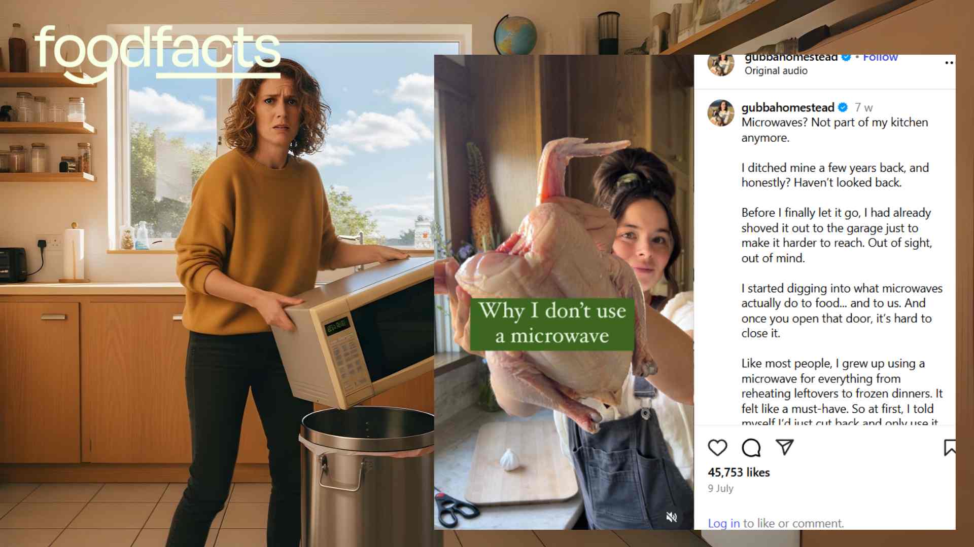 A person stands in their kitchen, holding their microwave over their bin, about to throw it away. This represents the confusion surrounding the perceived dangers of using a microwave to cook food. This article debunks those perceptions.