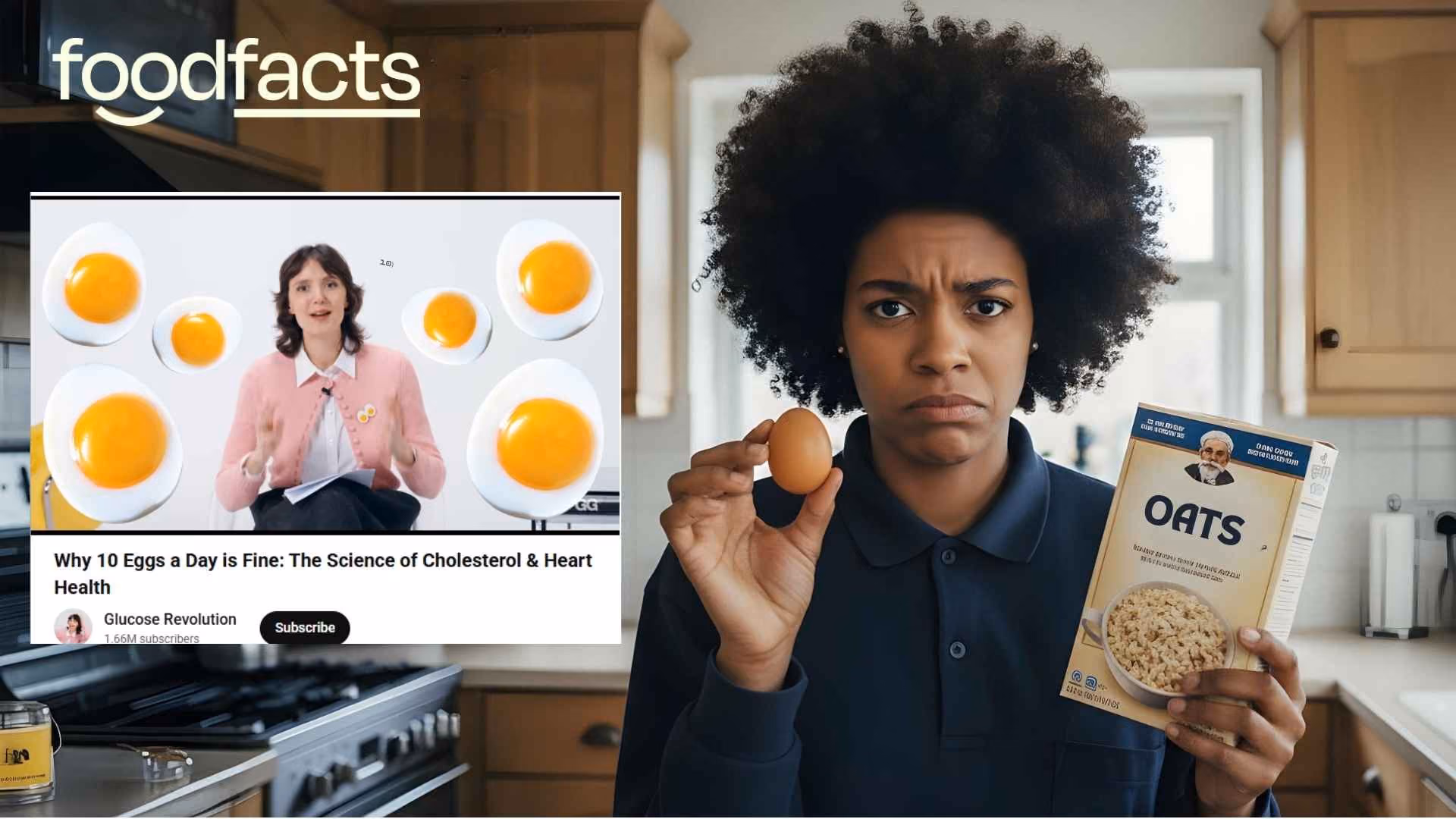 A person holds an egg in one hand, and a box of oats in the other, with a confused look on their face. Their confusion reflects the confusing discourse surrounding whether eggs or oats are a better breakfast option.