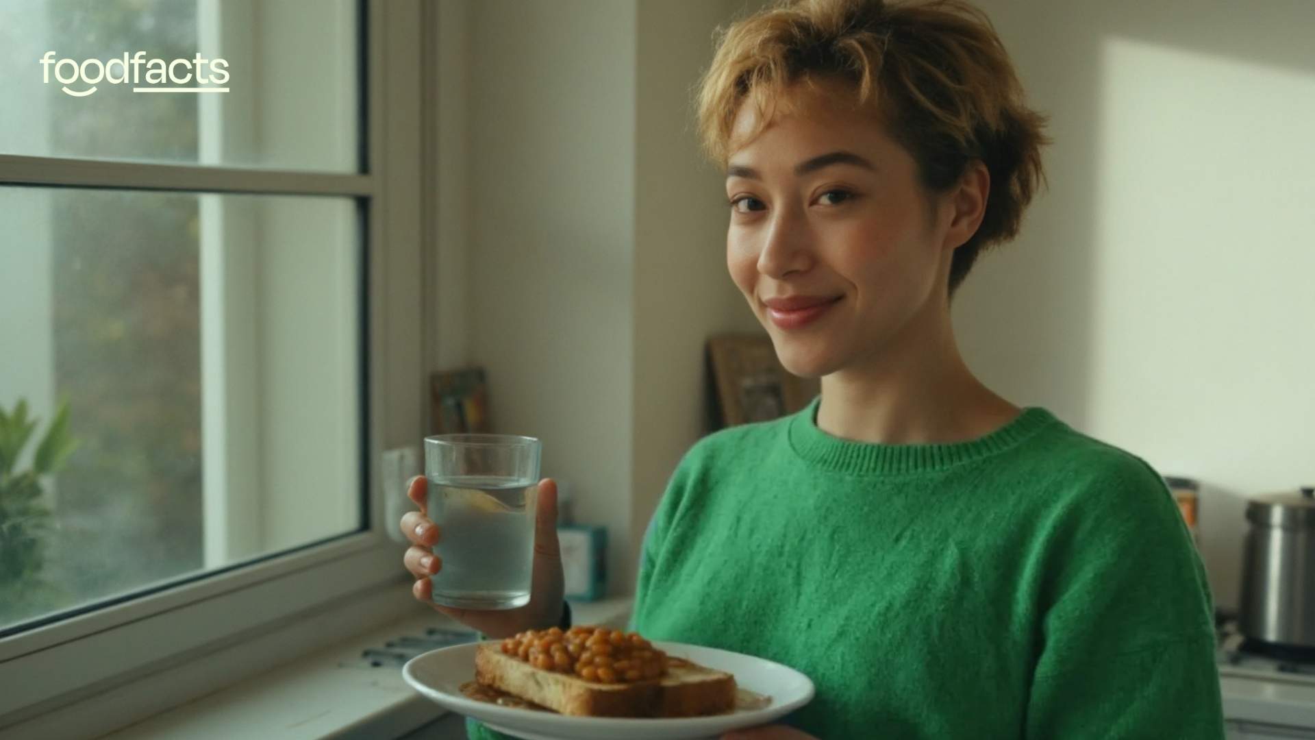 A person is holding a plate of beans and toast and a glass of water, alluding to the benefits of drinking water to help people increase fibre intake.