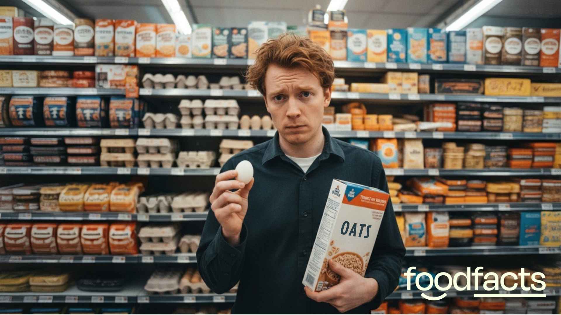 A person holds an egg in one hand, and a box of oats in the other, with a confused look on their face. Their confusion reflects the confusing discourse surrounding whether eggs or oats are a better breakfast option.