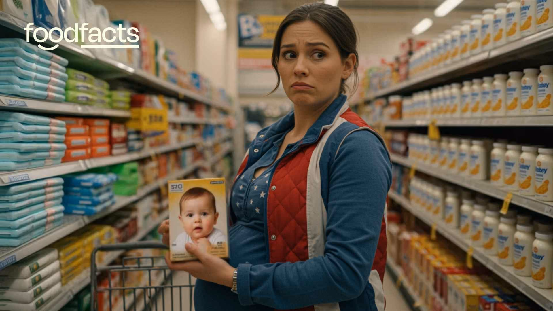 A mother looks confused at whether to feed her baby infant formula or raw goats milk, alluding to the misinformation surrounding this claim.