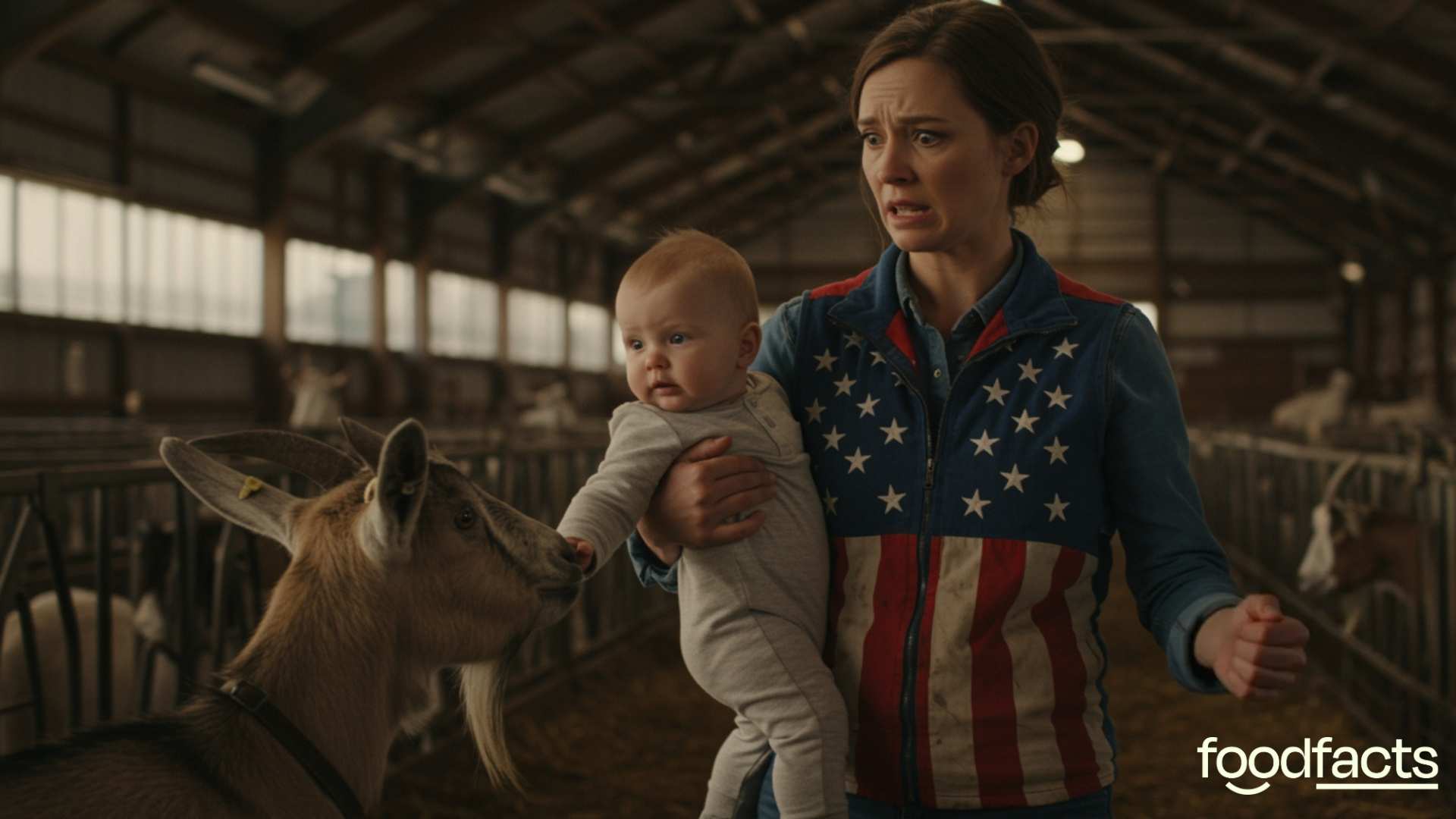 A mother looks confused at whether to feed her baby infant formula or raw goats milk, alluding to the misinformation surrounding this claim.