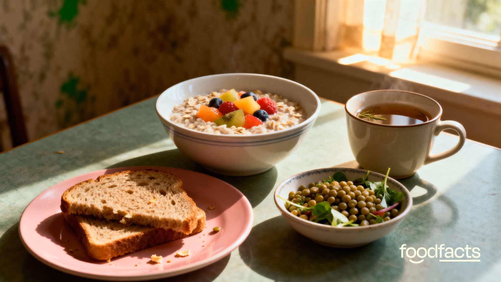 A photorealistic 1920x1080 image of a cozy breakfast table in soft morning light, styled with a subtle grainy texture and a 90s color tone. The foreground shows a bowl of oatmeal with colorful fruit, wholegrain toast on a pink plate, a small bowl of small pui lentil salad, and a cup of coffee or herbal tea on a wooden table. The setting features gentle golden-hour side lighting, muted warm colors, and faint green accents. The background is softly blurred with vintage details like textured wallpaper and sunbeams through a window, evoking a nostalgic, comfortable kitchen atmosphere. Add a soft film grain for realism and warmth—food arranged naturally, not perfect. Minimal imperfections like crumbs or uneven slices for authenticity. If adding text: ” Overall mood is inviting, understated, and quietly wholesome, channeling the feel of a 1990s food magazine.
