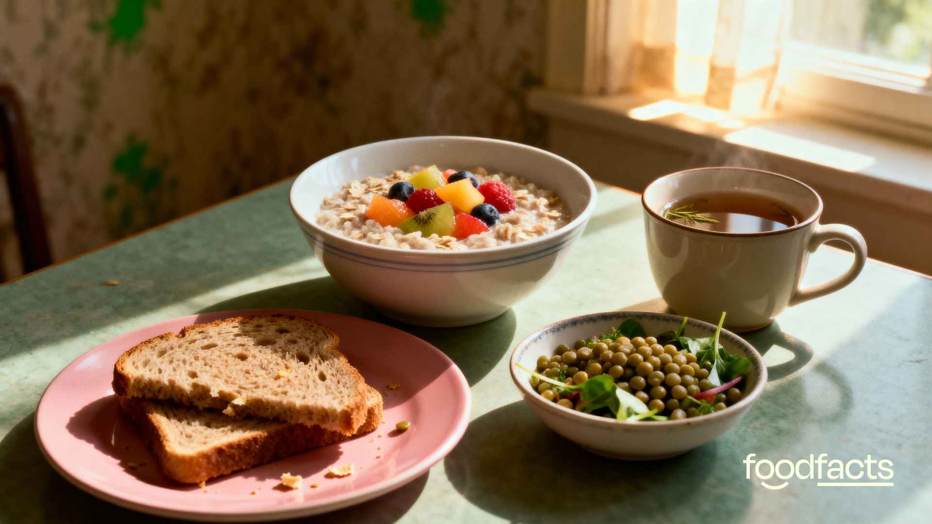 A photorealistic 1920x1080 image of a cozy breakfast table in soft morning light, styled with a subtle grainy texture and a 90s color tone. The foreground shows a bowl of oatmeal with colorful fruit, wholegrain toast on a pink plate, a small bowl of small pui lentil salad, and a cup of coffee or herbal tea on a wooden table. The setting features gentle golden-hour side lighting, muted warm colors, and faint green accents. The background is softly blurred with vintage details like textured wallpaper and sunbeams through a window, evoking a nostalgic, comfortable kitchen atmosphere. Add a soft film grain for realism and warmth—food arranged naturally, not perfect. Minimal imperfections like crumbs or uneven slices for authenticity. If adding text: ” Overall mood is inviting, understated, and quietly wholesome, channeling the feel of a 1990s food magazine.